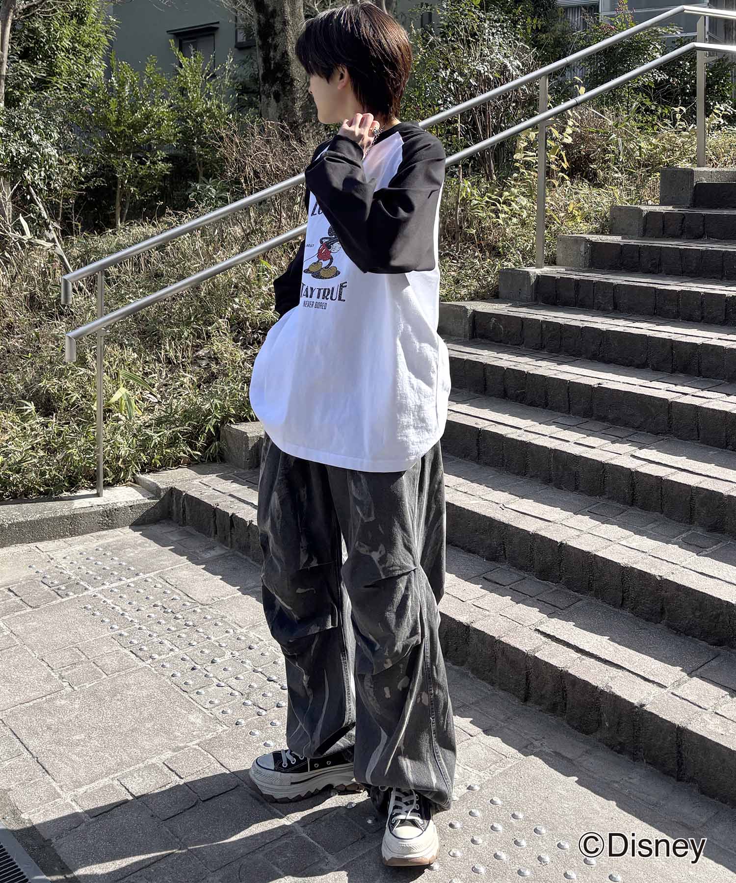 25SS Disney Mickey / ミッキー ヴィンテージライク レトログラフィック 古着風クラックプリント ビッグシルエット ラグランロンT