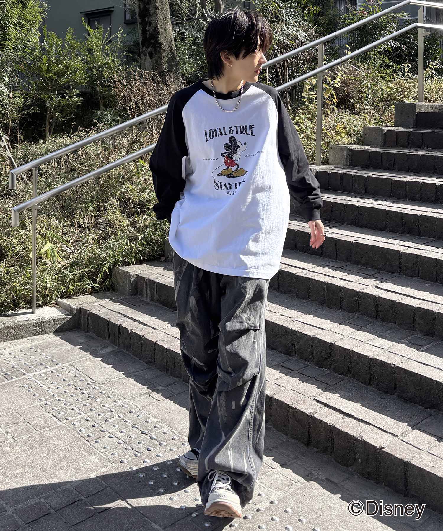 25SS Disney Mickey / ミッキー ヴィンテージライク レトログラフィック 古着風クラックプリント ビッグシルエット ラグランロンT