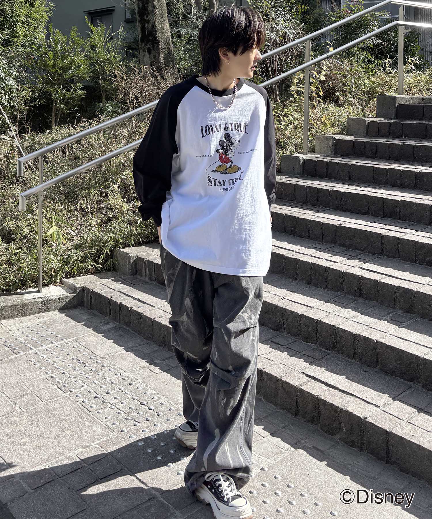 25SS Disney Mickey / ミッキー ヴィンテージライク レトログラフィック 古着風クラックプリント ビッグシルエット ラグランロンT