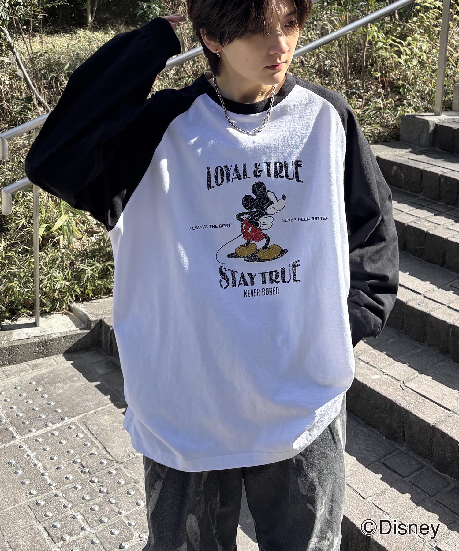 25SS Disney Mickey / ミッキー ヴィンテージライク レトログラフィック 古着風クラックプリント ビッグシルエット ラグランロンT