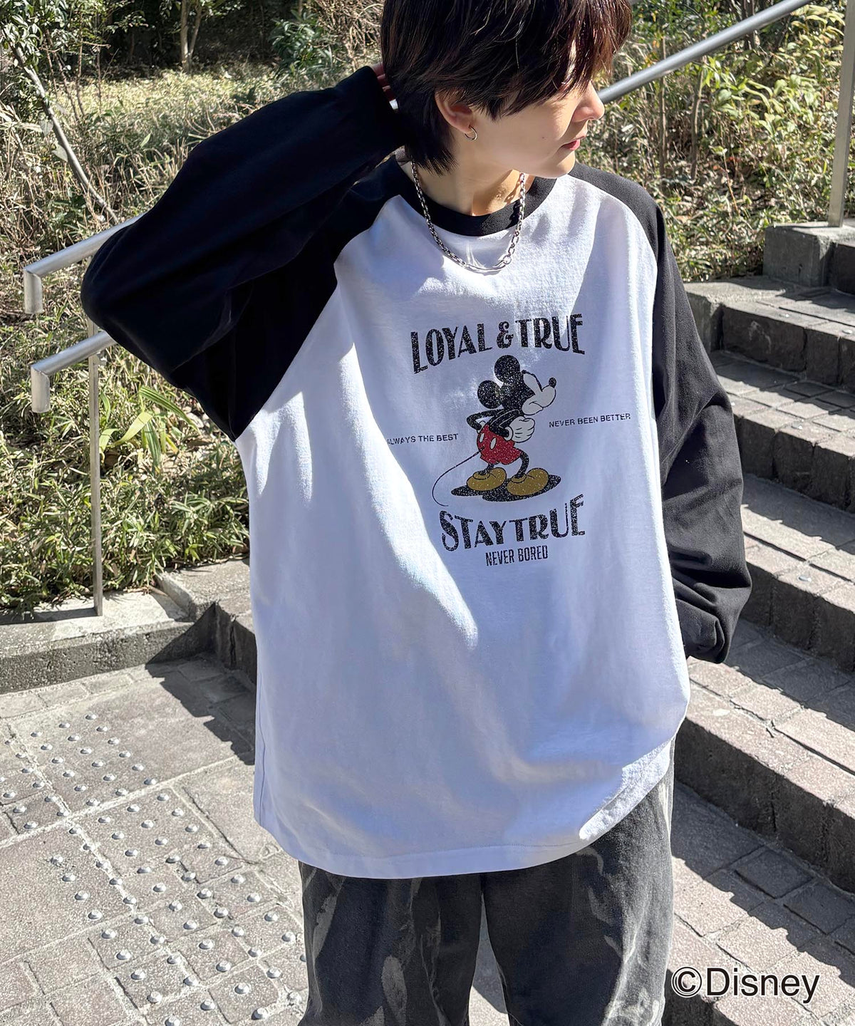 25SS Disney Mickey / ミッキー ヴィンテージライク レトログラフィック 古着風クラックプリント ビッグシルエット ラグランロンT