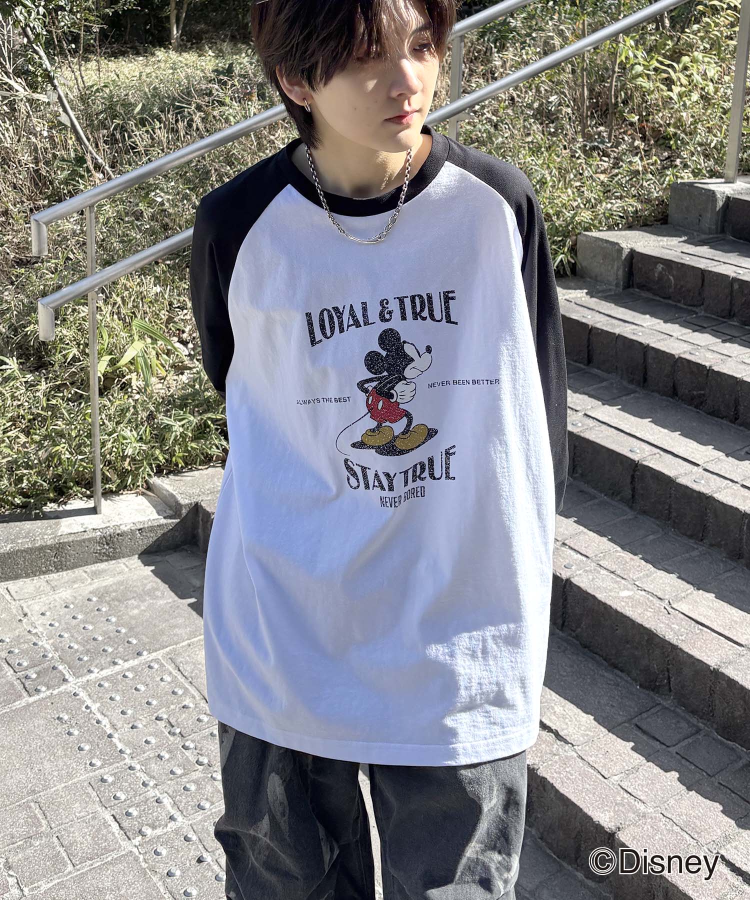 25SS Disney Mickey / ミッキー ヴィンテージライク レトログラフィック 古着風クラックプリント ビッグシルエット ラグランロンT