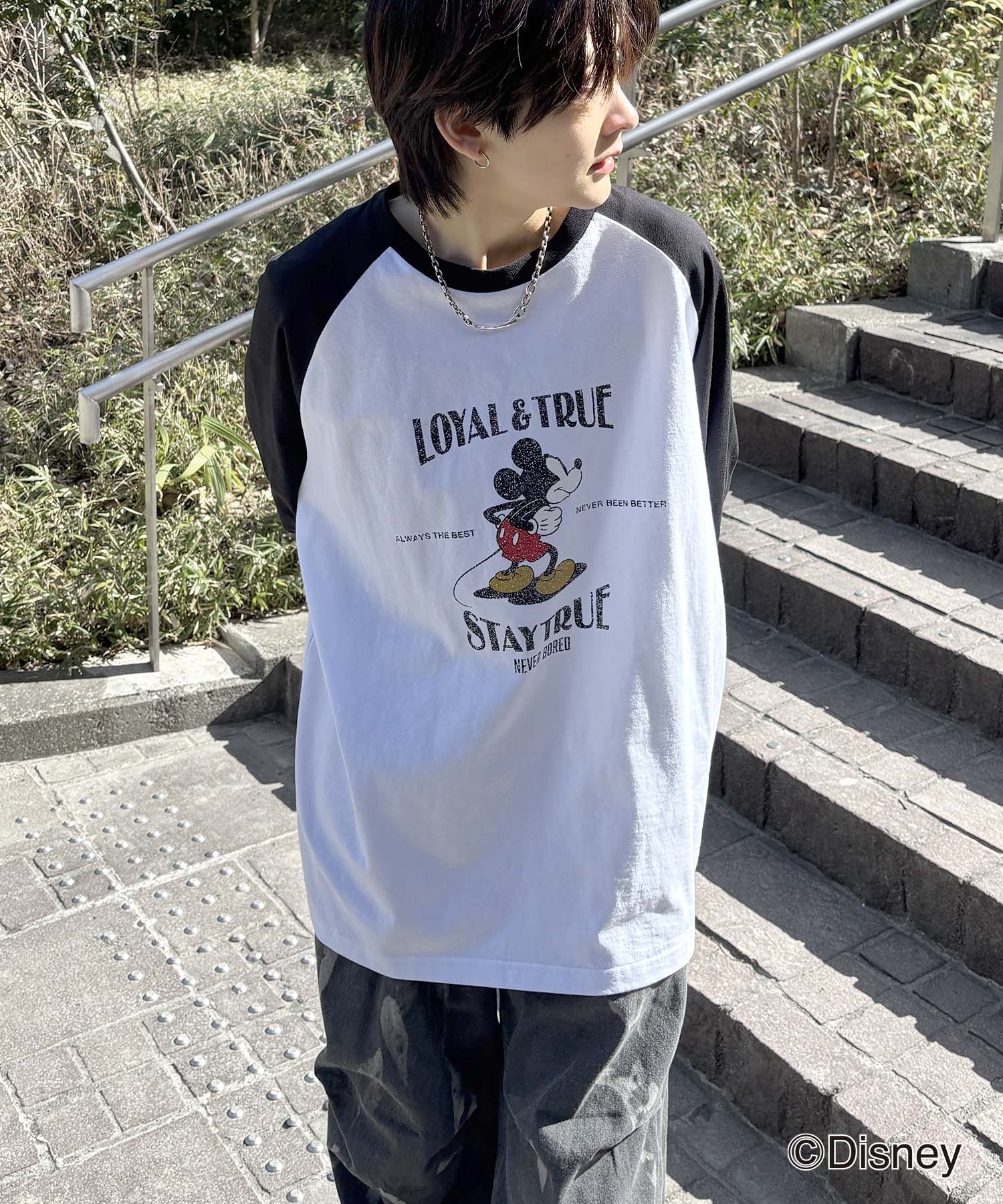 25SS Disney Mickey / ミッキー ヴィンテージライク レトログラフィック 古着風クラックプリント ビッグシルエット ラグランロンT