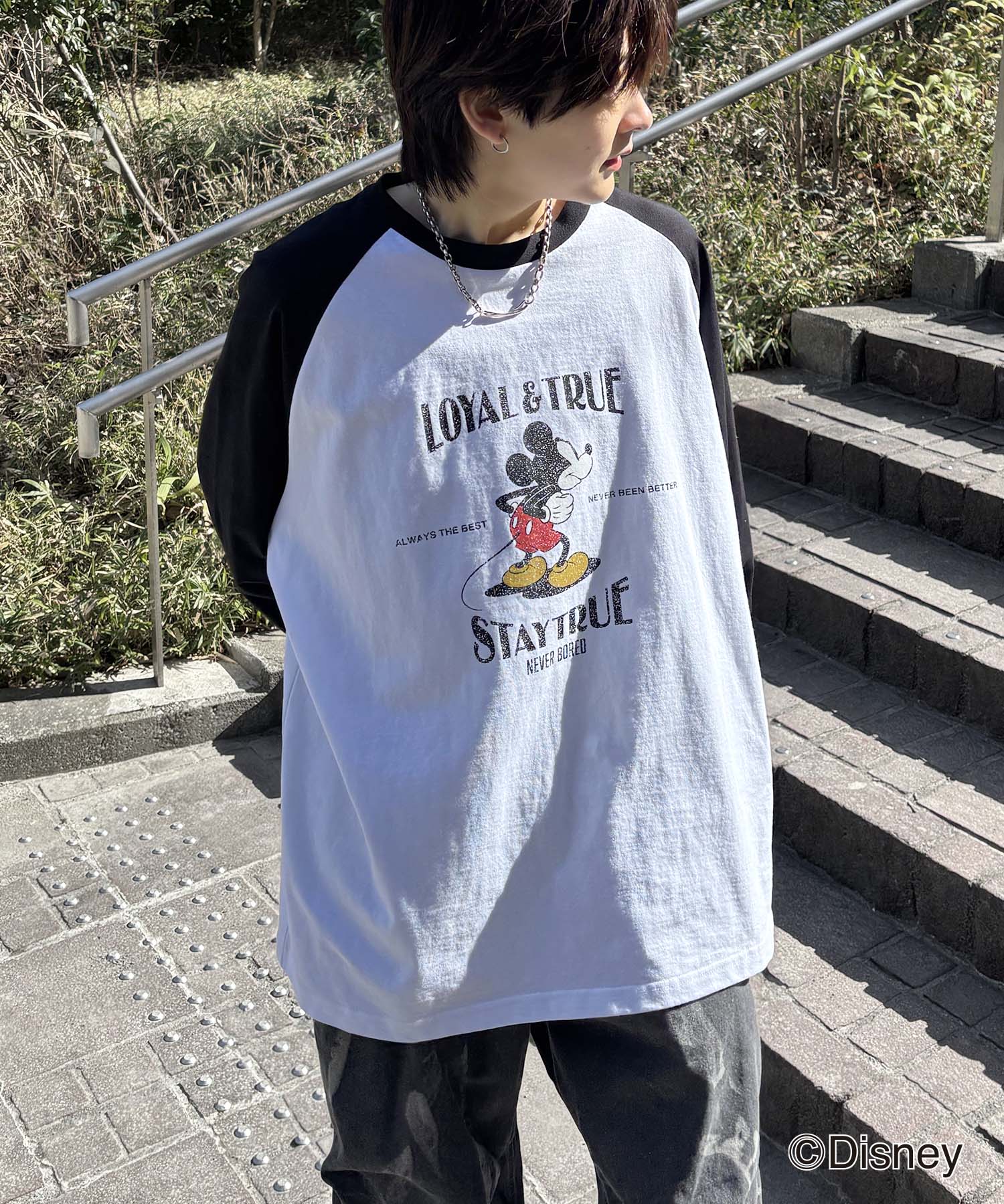 25SS Disney Mickey / ミッキー ヴィンテージライク レトログラフィック 古着風クラックプリント ビッグシルエット ラグランロンT