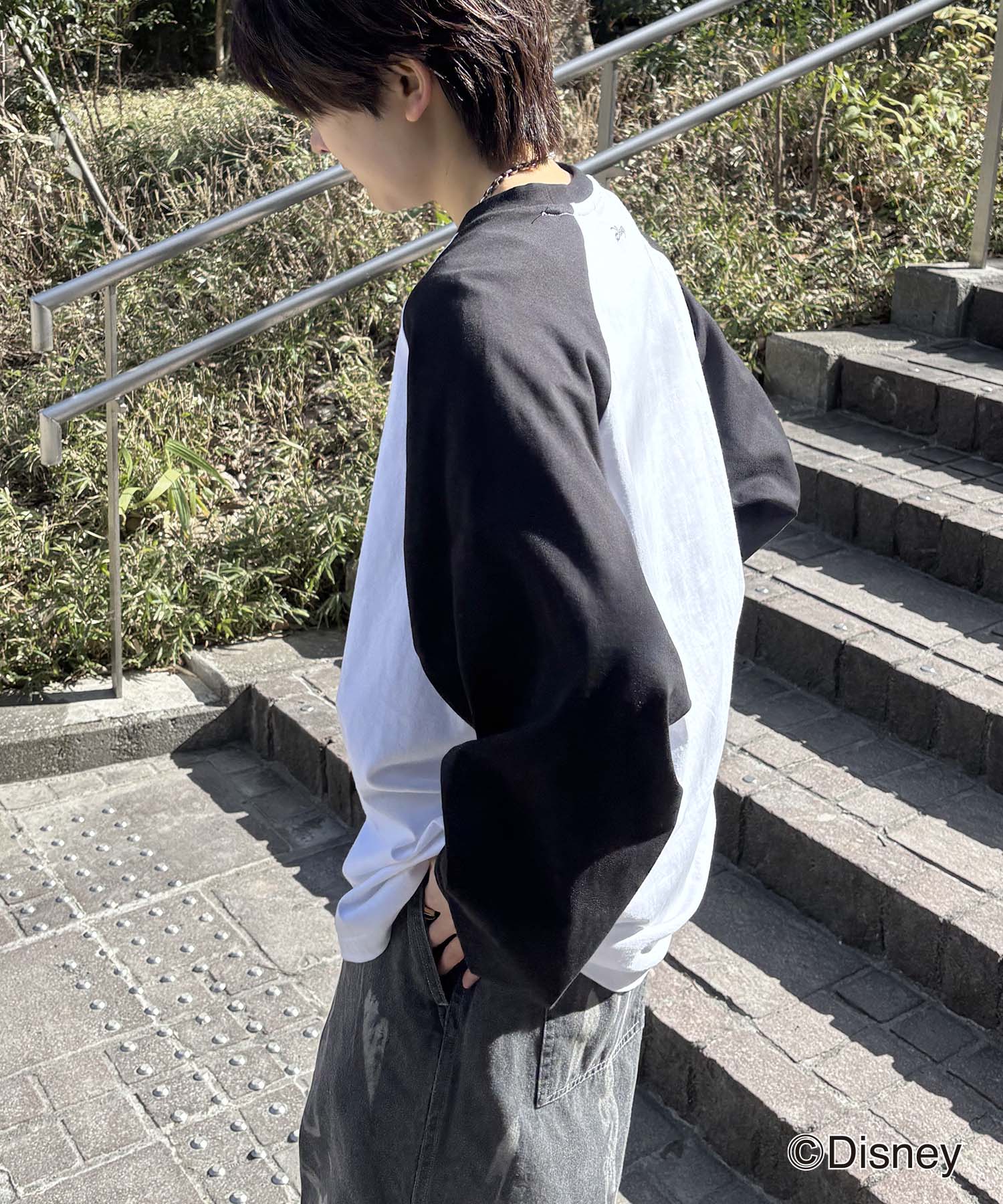 25SS Disney Mickey / ミッキー ヴィンテージライク レトログラフィック 古着風クラックプリント ビッグシルエット ラグランロンT
