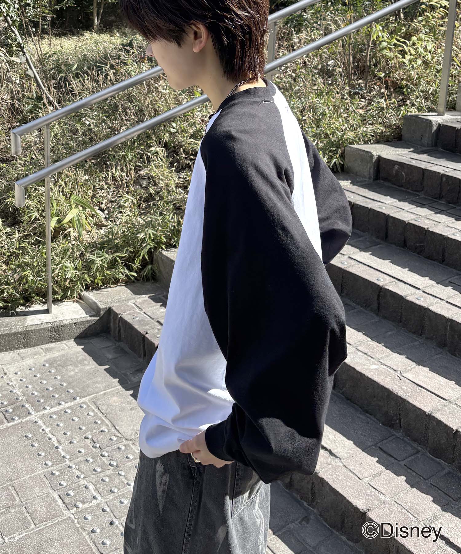 25SS Disney Mickey / ミッキー ヴィンテージライク レトログラフィック 古着風クラックプリント ビッグシルエット ラグランロンT