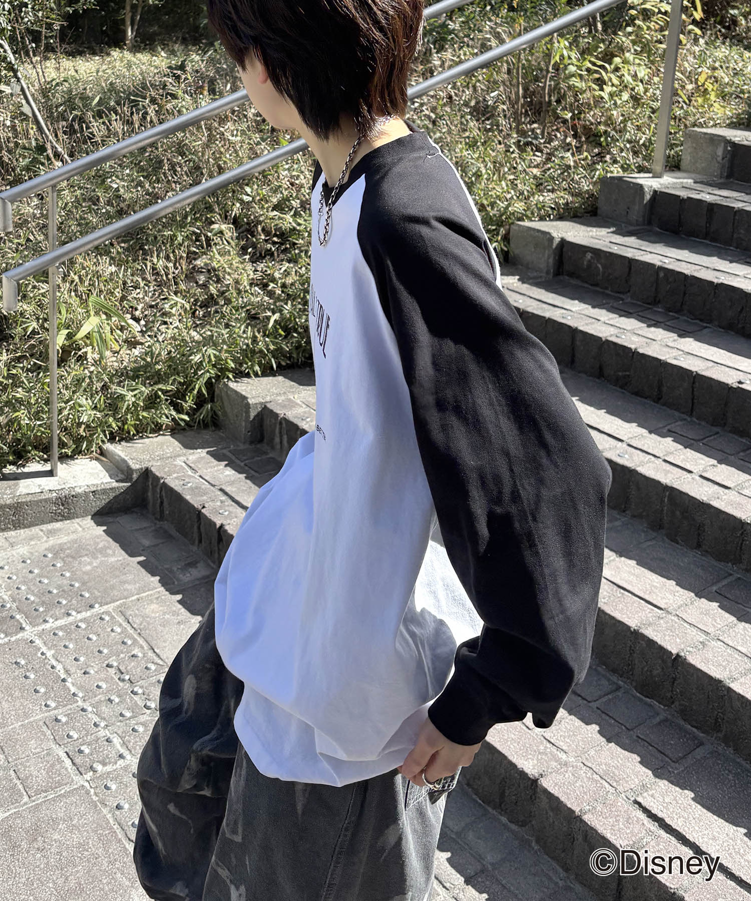 25SS Disney Mickey / ミッキー ヴィンテージライク レトログラフィック 古着風クラックプリント ビッグシルエット ラグランロンT