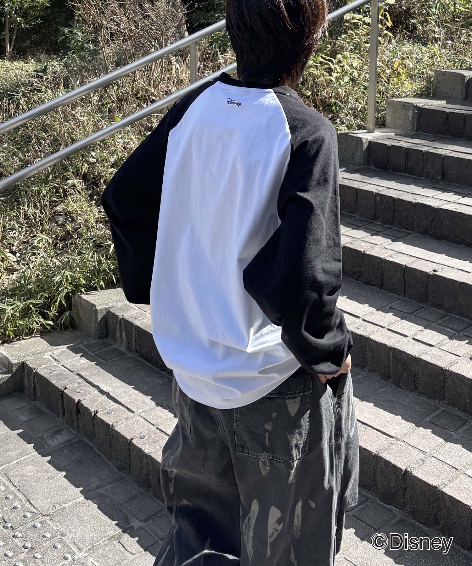 25SS Disney Mickey / ミッキー ヴィンテージライク レトログラフィック 古着風クラックプリント ビッグシルエット ラグランロンT
