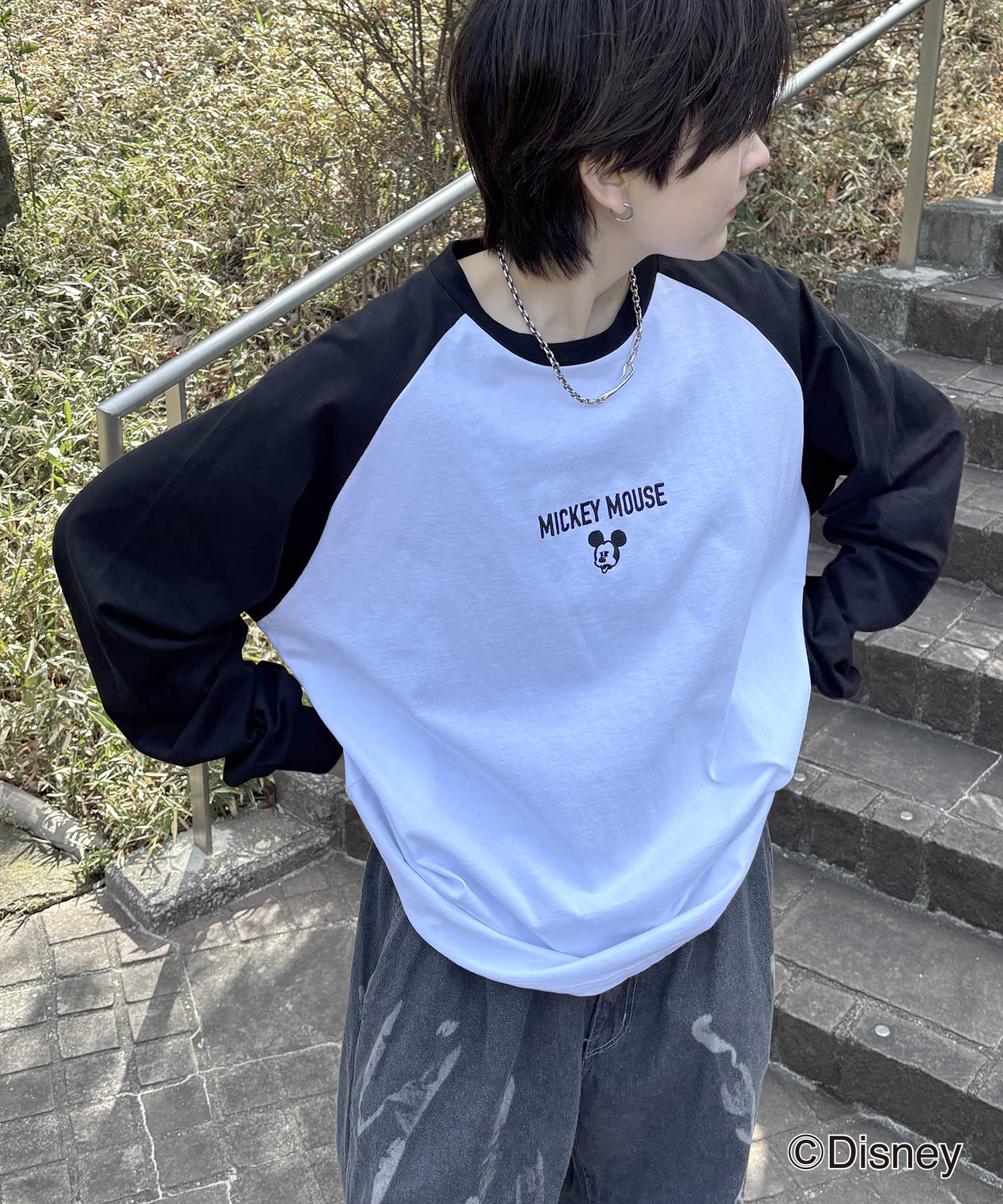 25SS Disney Mickey / ミッキー ヴィンテージライク フロント刺繍 ビッグシルエット ラグランロンT
