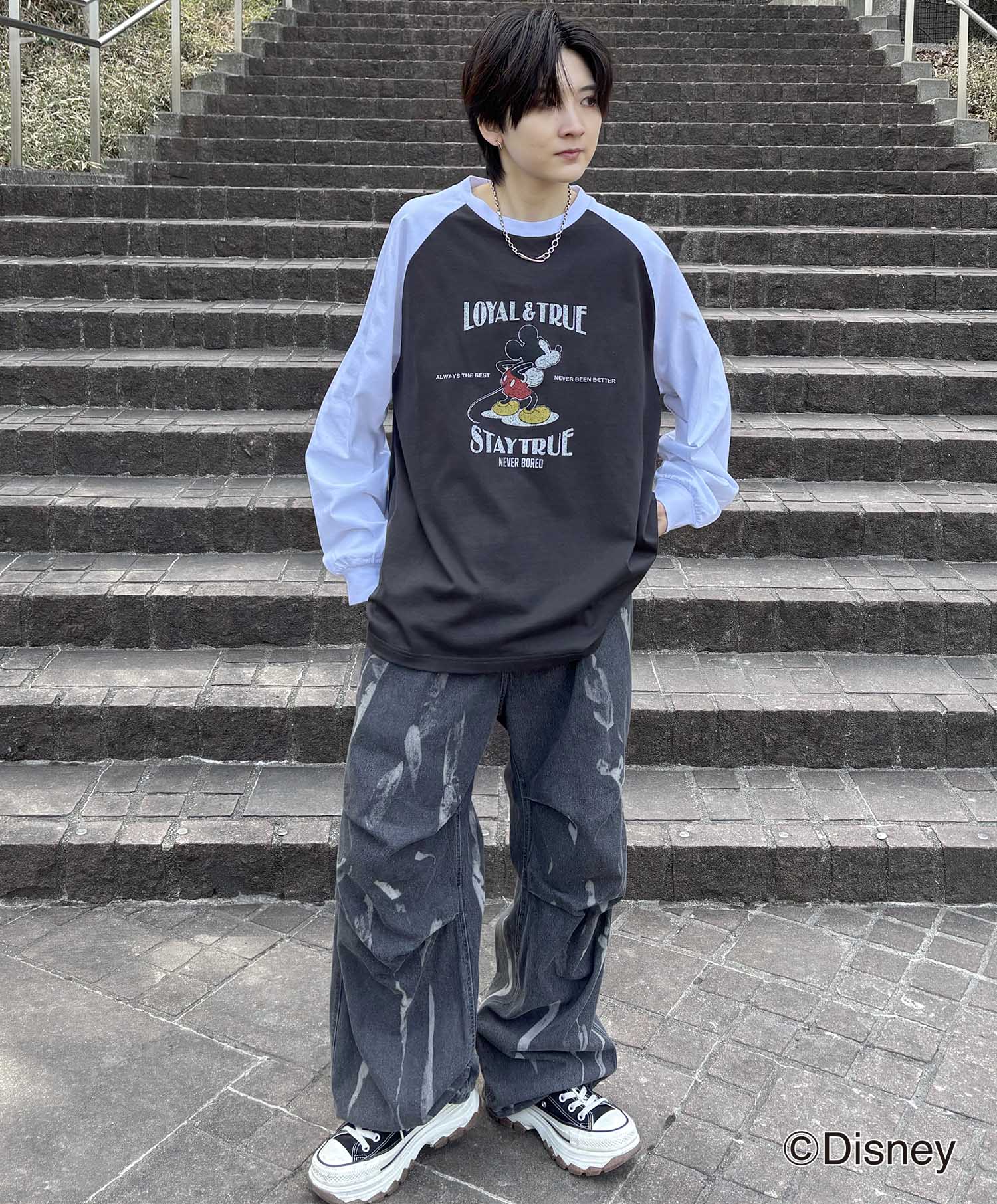 25SS Disney Mickey / ミッキー ヴィンテージライク レトログラフィック 古着風クラックプリント ビッグシルエット ラグランロンT