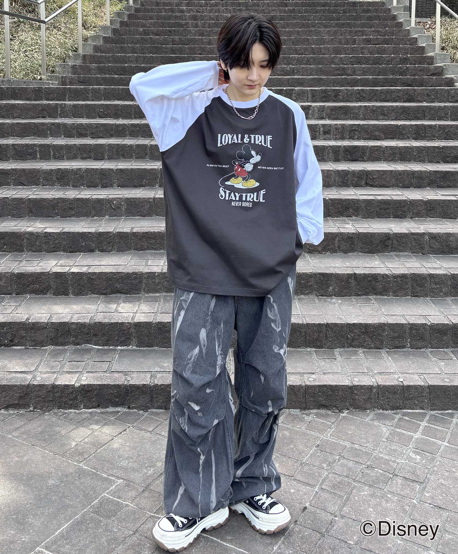 25SS Disney Mickey / ミッキー ヴィンテージライク レトログラフィック 古着風クラックプリント ビッグシルエット ラグランロンT