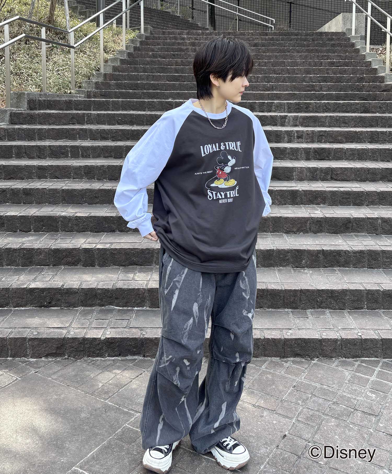 25SS Disney Mickey / ミッキー ヴィンテージライク レトログラフィック 古着風クラックプリント ビッグシルエット ラグランロンT
