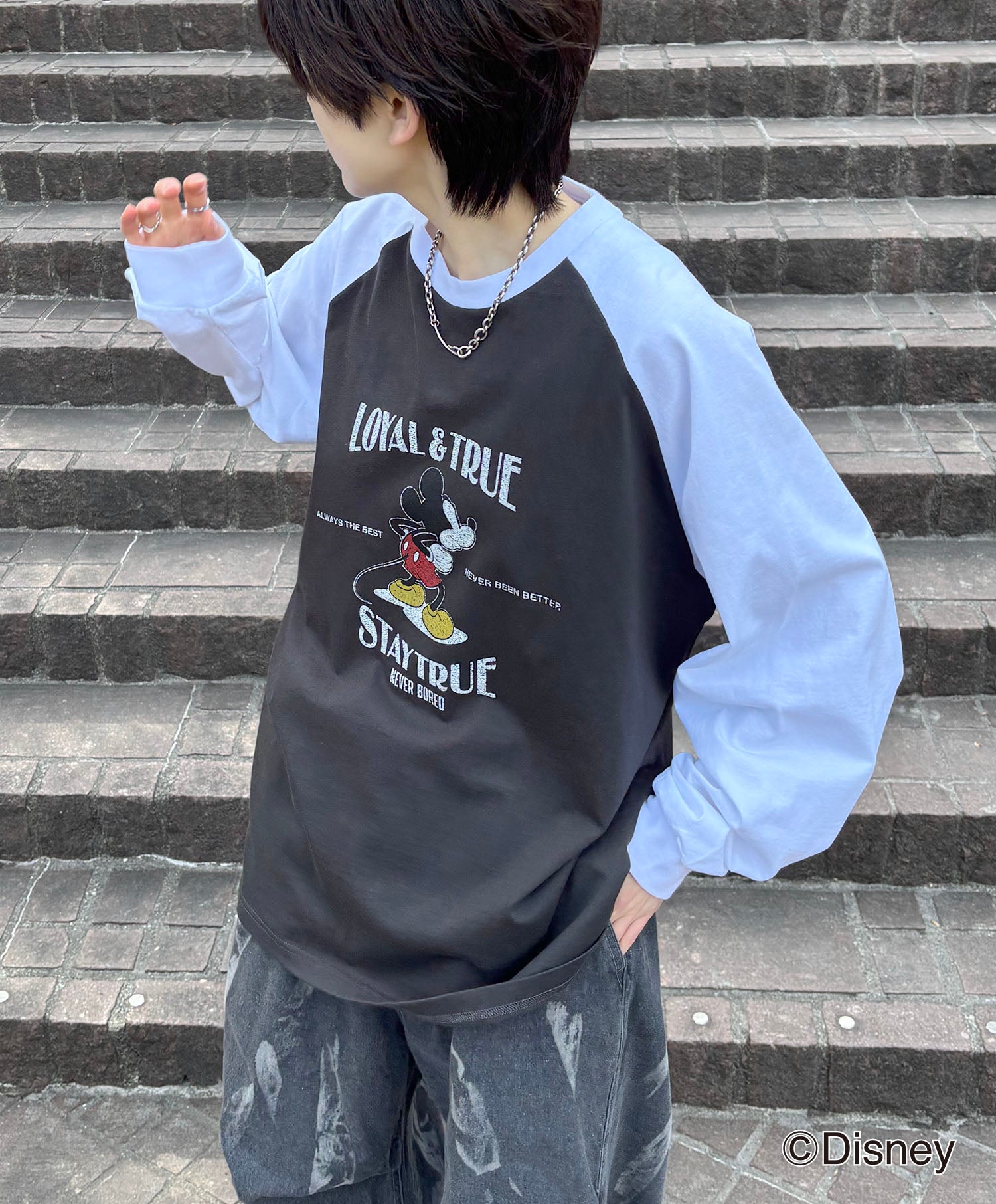 25SS Disney Mickey / ミッキー ヴィンテージライク レトログラフィック 古着風クラックプリント ビッグシルエット ラグランロンT
