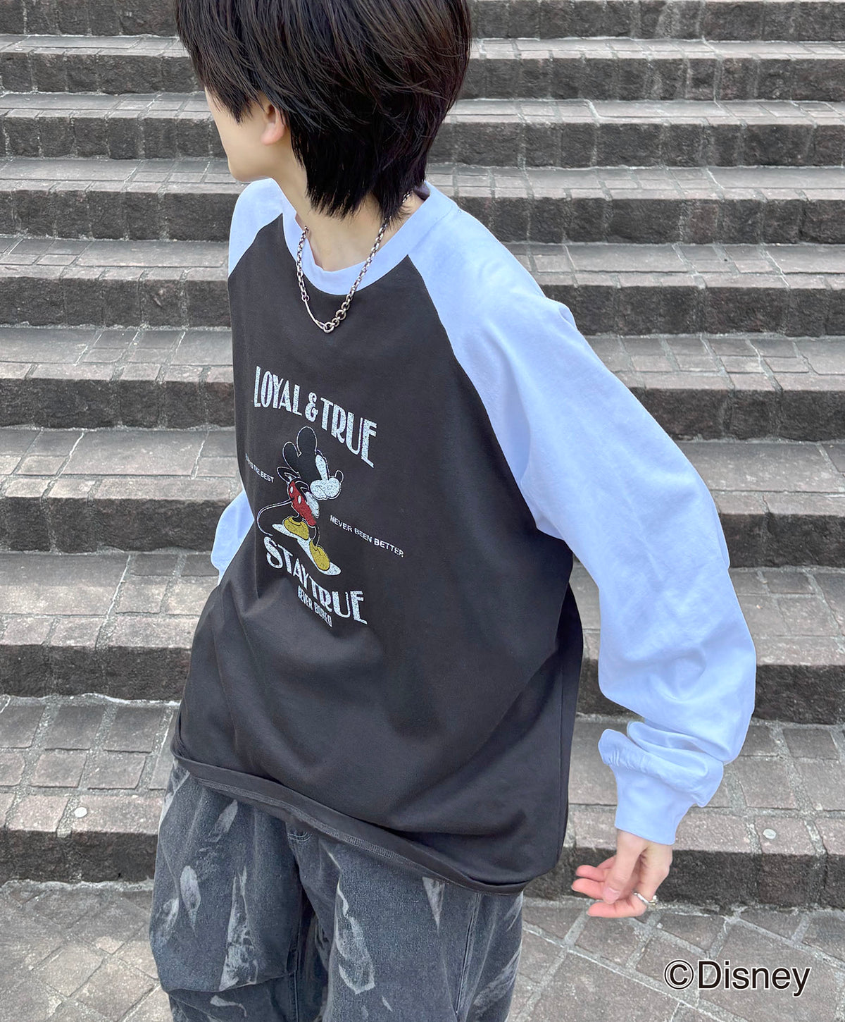 25SS Disney Mickey / ミッキー ヴィンテージライク レトログラフィック 古着風クラックプリント ビッグシルエット ラグランロンT