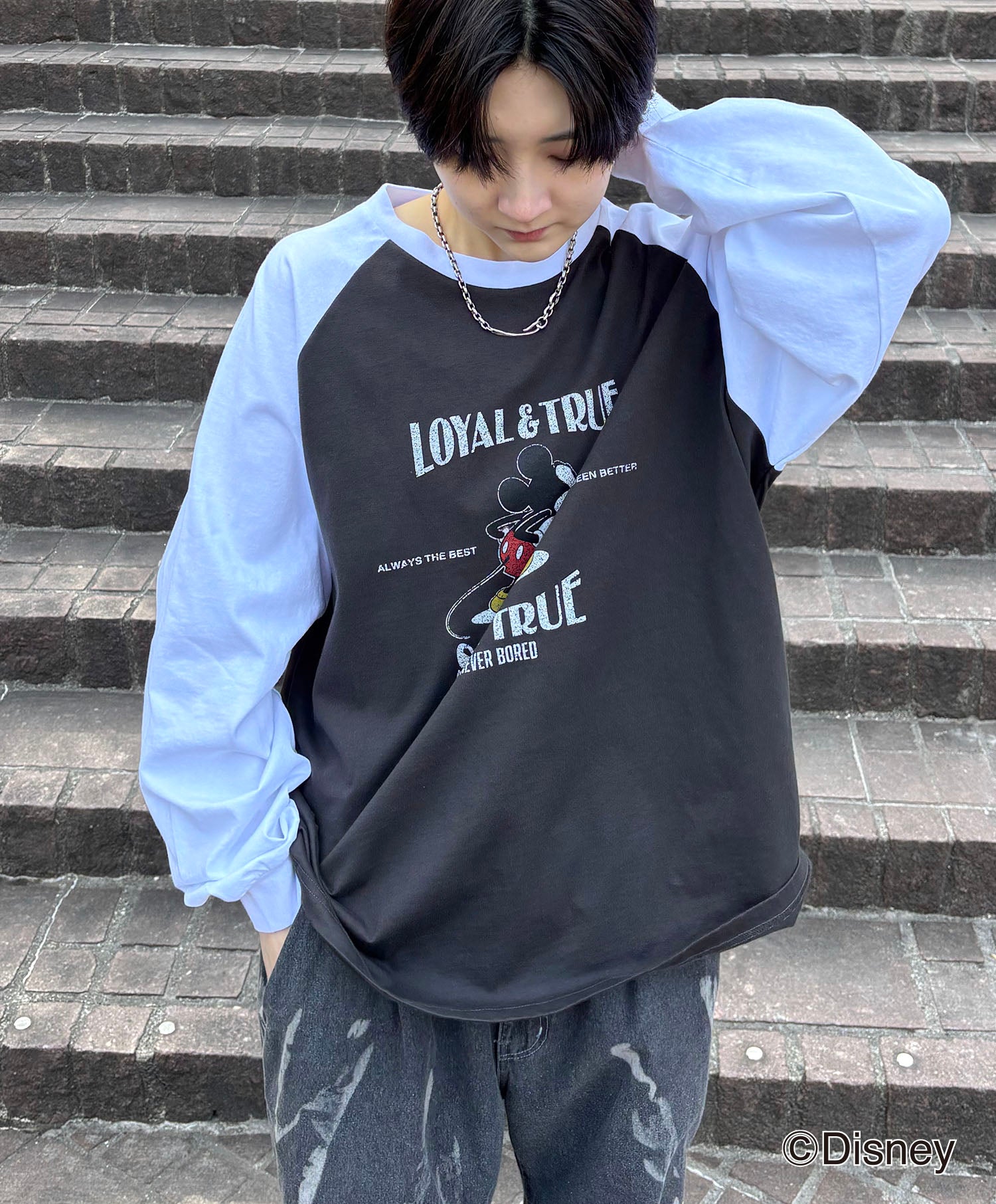 25SS Disney Mickey / ミッキー ヴィンテージライク レトログラフィック 古着風クラックプリント ビッグシルエット ラグランロンT