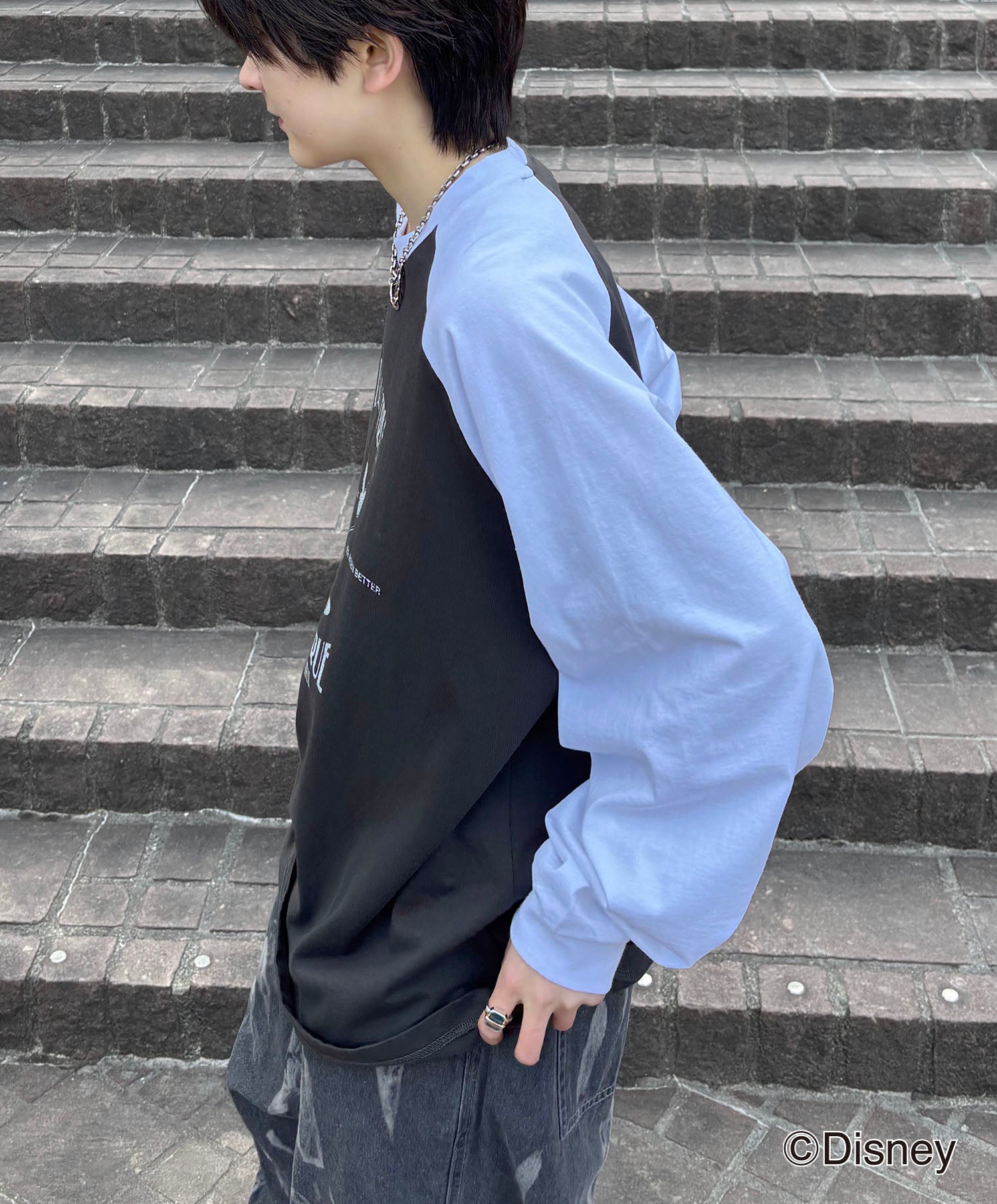 25SS Disney Mickey / ミッキー ヴィンテージライク レトログラフィック 古着風クラックプリント ビッグシルエット ラグランロンT