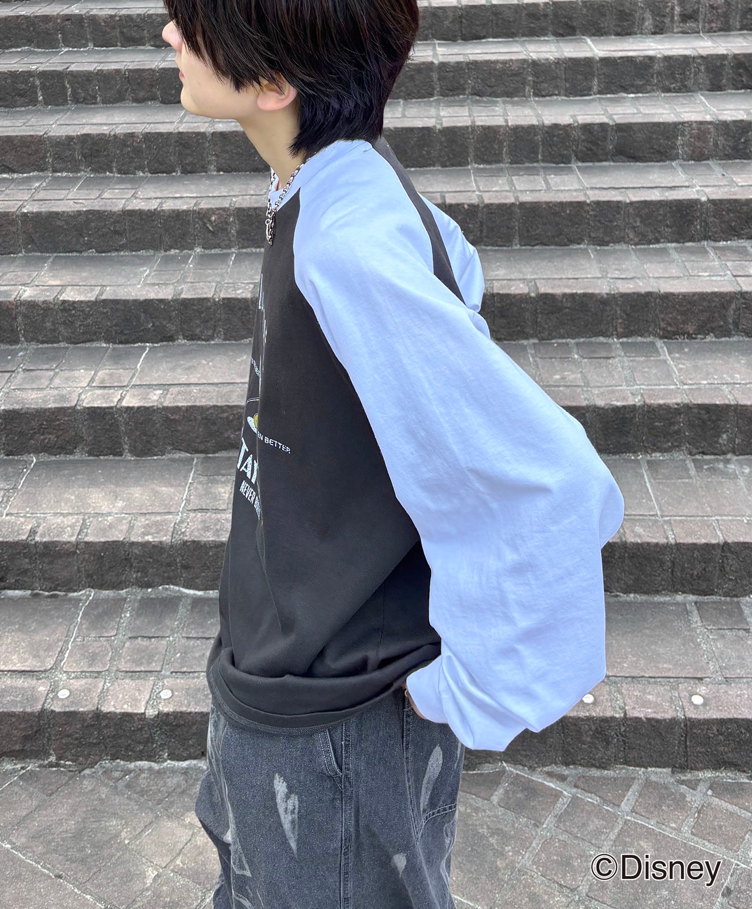 25SS Disney Mickey / ミッキー ヴィンテージライク レトログラフィック 古着風クラックプリント ビッグシルエット ラグランロンT