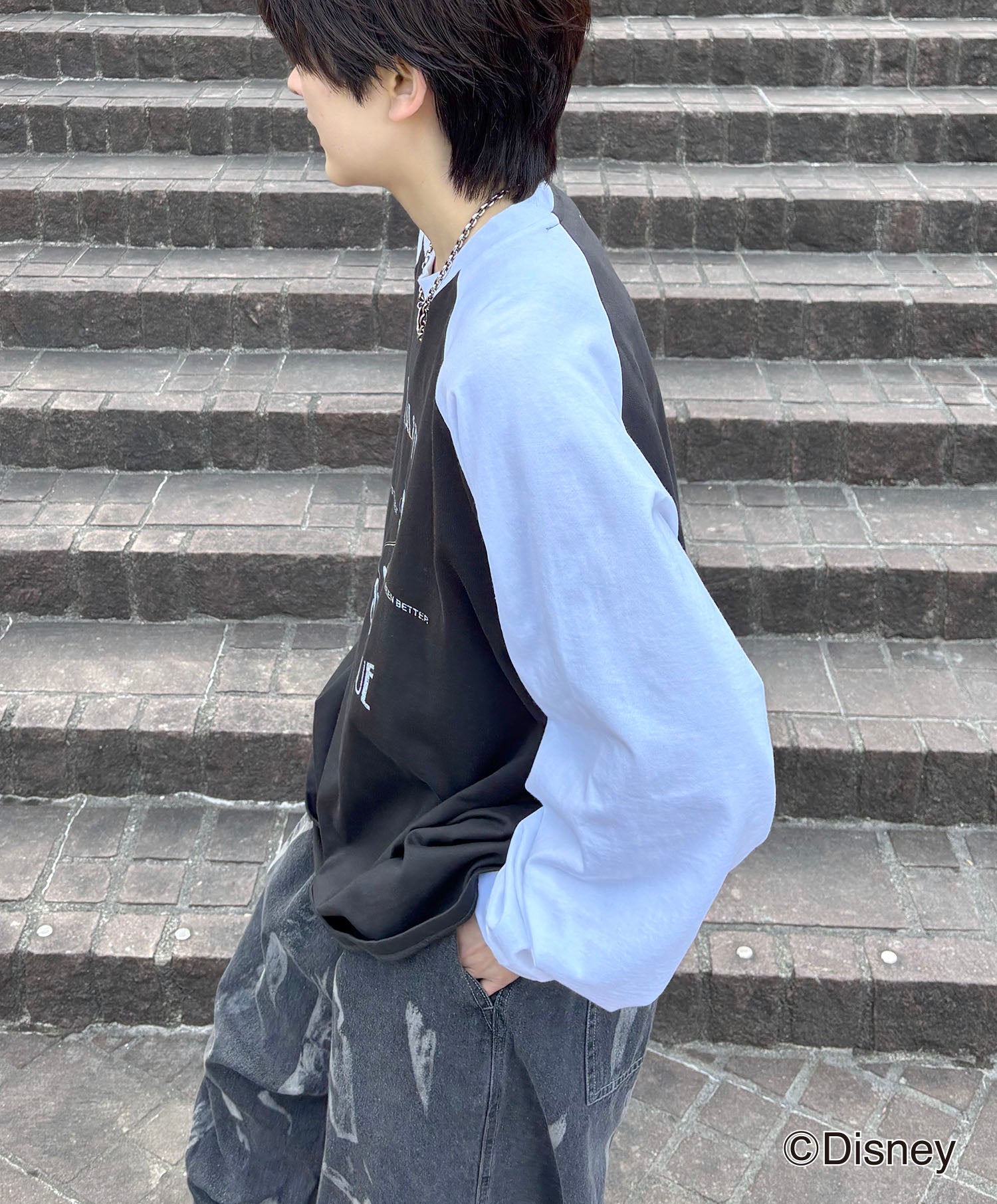 25SS Disney Mickey / ミッキー ヴィンテージライク レトログラフィック 古着風クラックプリント ビッグシルエット ラグランロンT