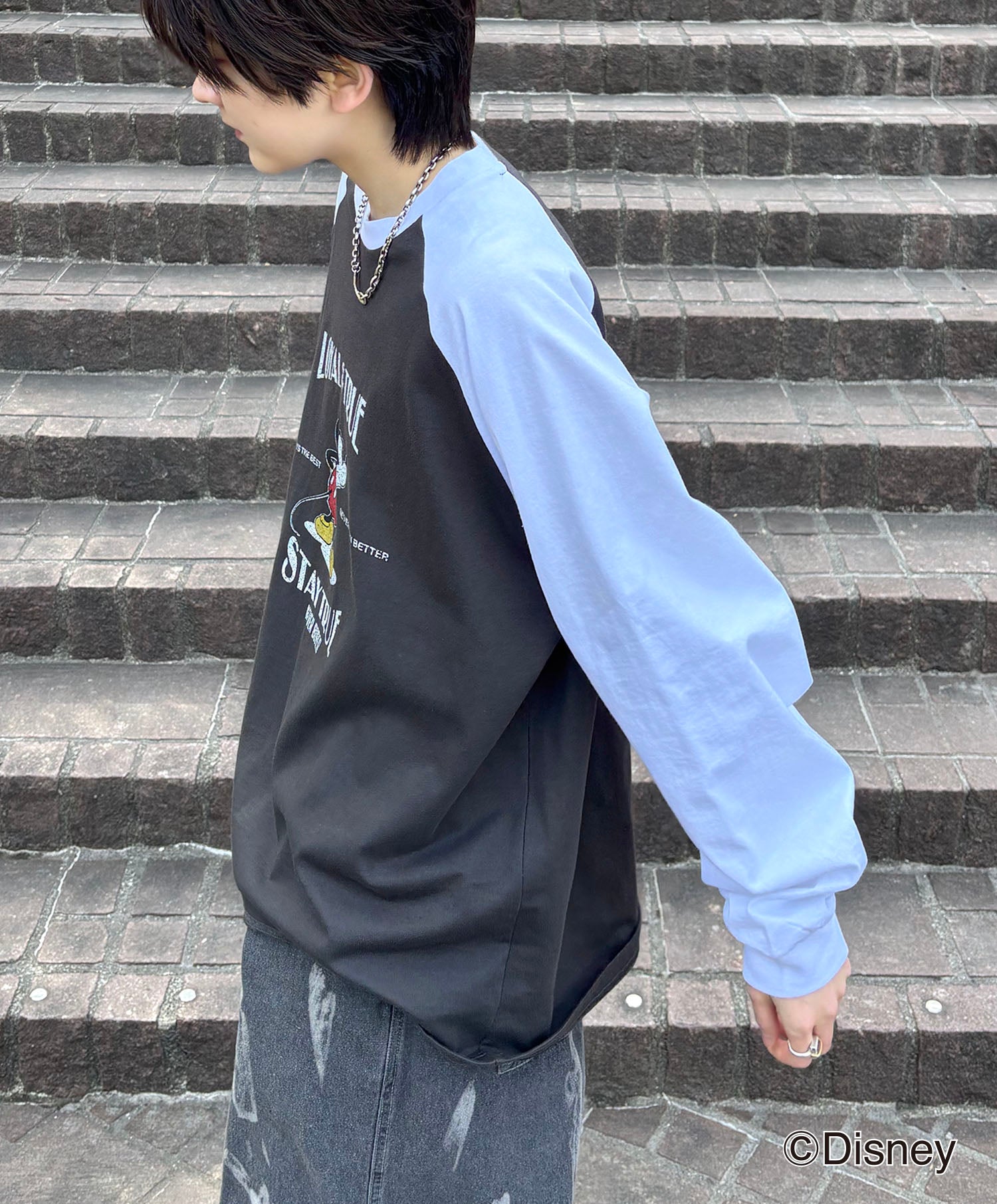 25SS Disney Mickey / ミッキー ヴィンテージライク レトログラフィック 古着風クラックプリント ビッグシルエット ラグランロンT