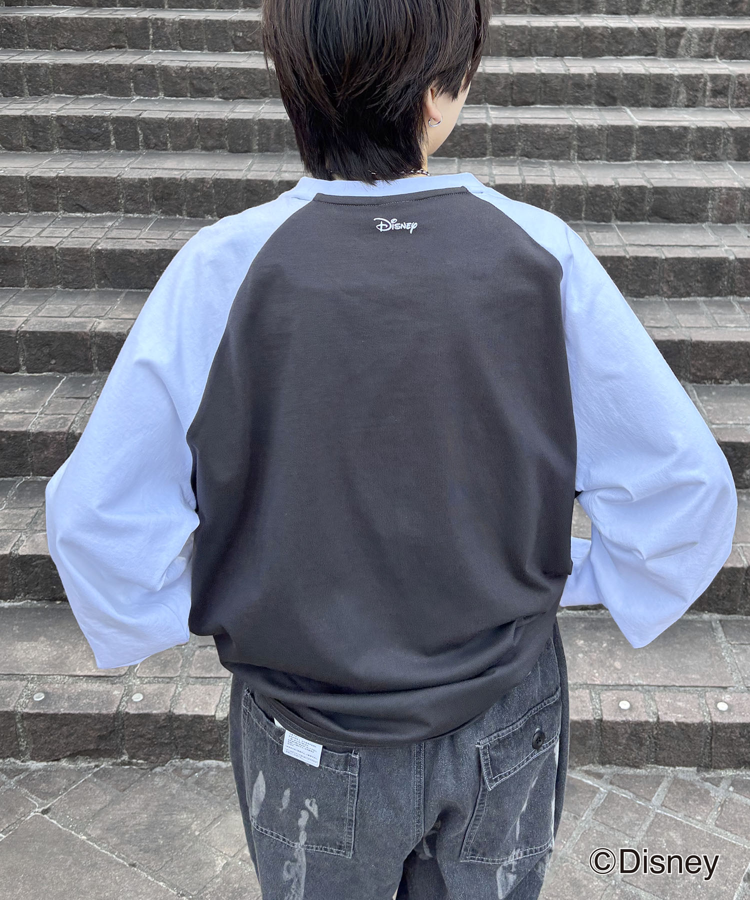 25SS Disney Mickey / ミッキー ヴィンテージライク レトログラフィック 古着風クラックプリント ビッグシルエット ラグランロンT