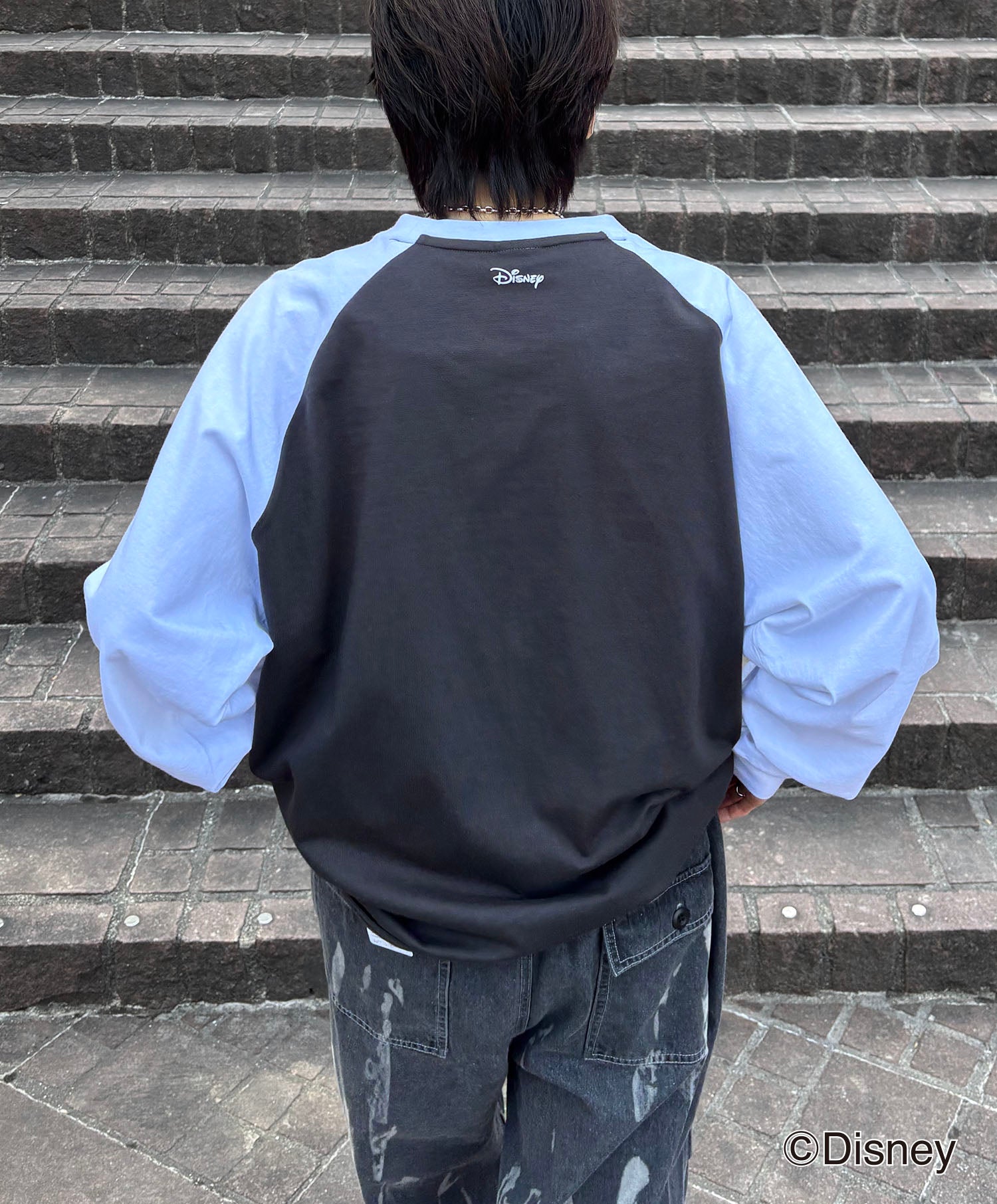 25SS Disney Mickey / ミッキー ヴィンテージライク レトログラフィック 古着風クラックプリント ビッグシルエット ラグランロンT
