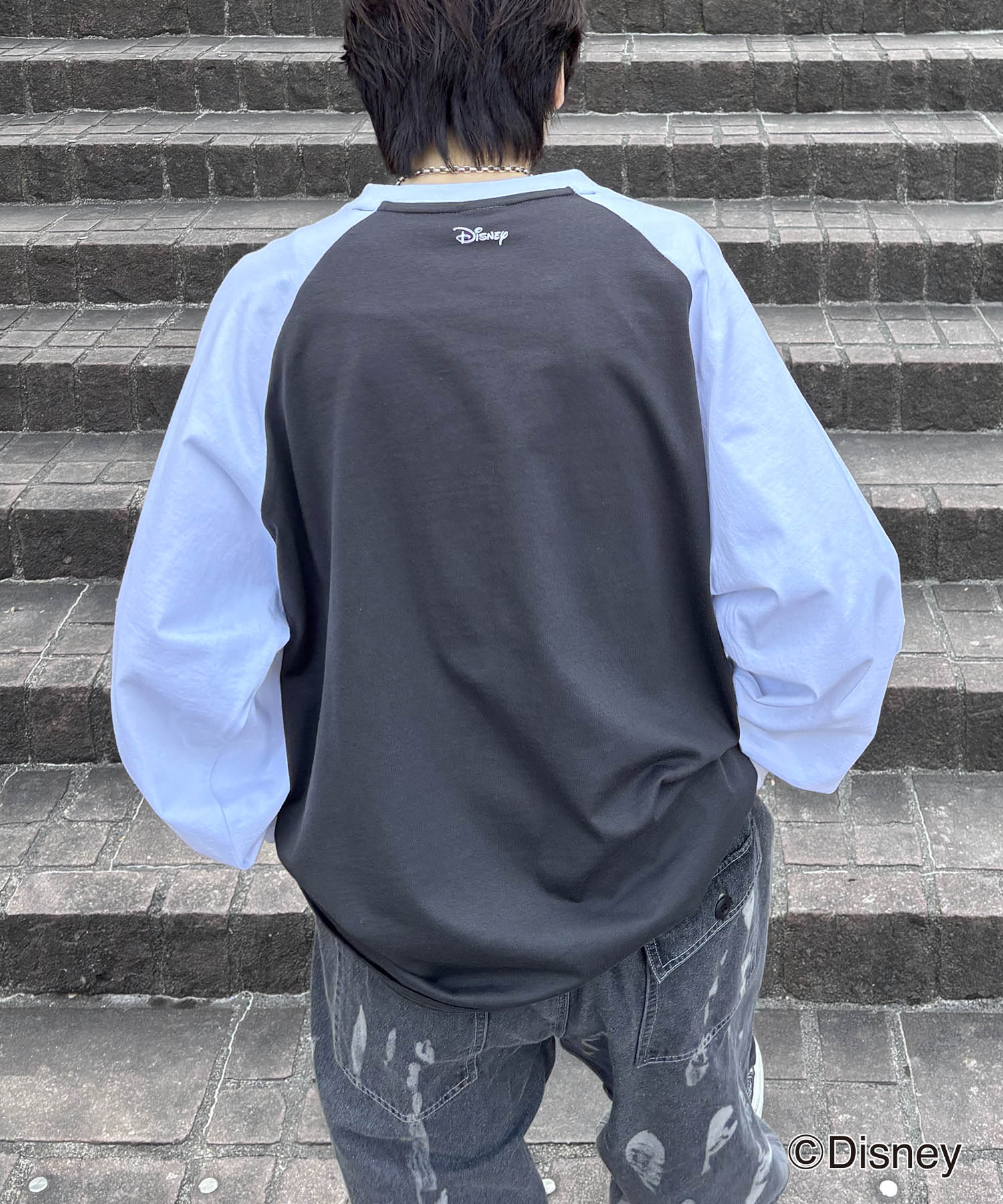 25SS Disney Mickey / ミッキー ヴィンテージライク レトログラフィック 古着風クラックプリント ビッグシルエット ラグランロンT