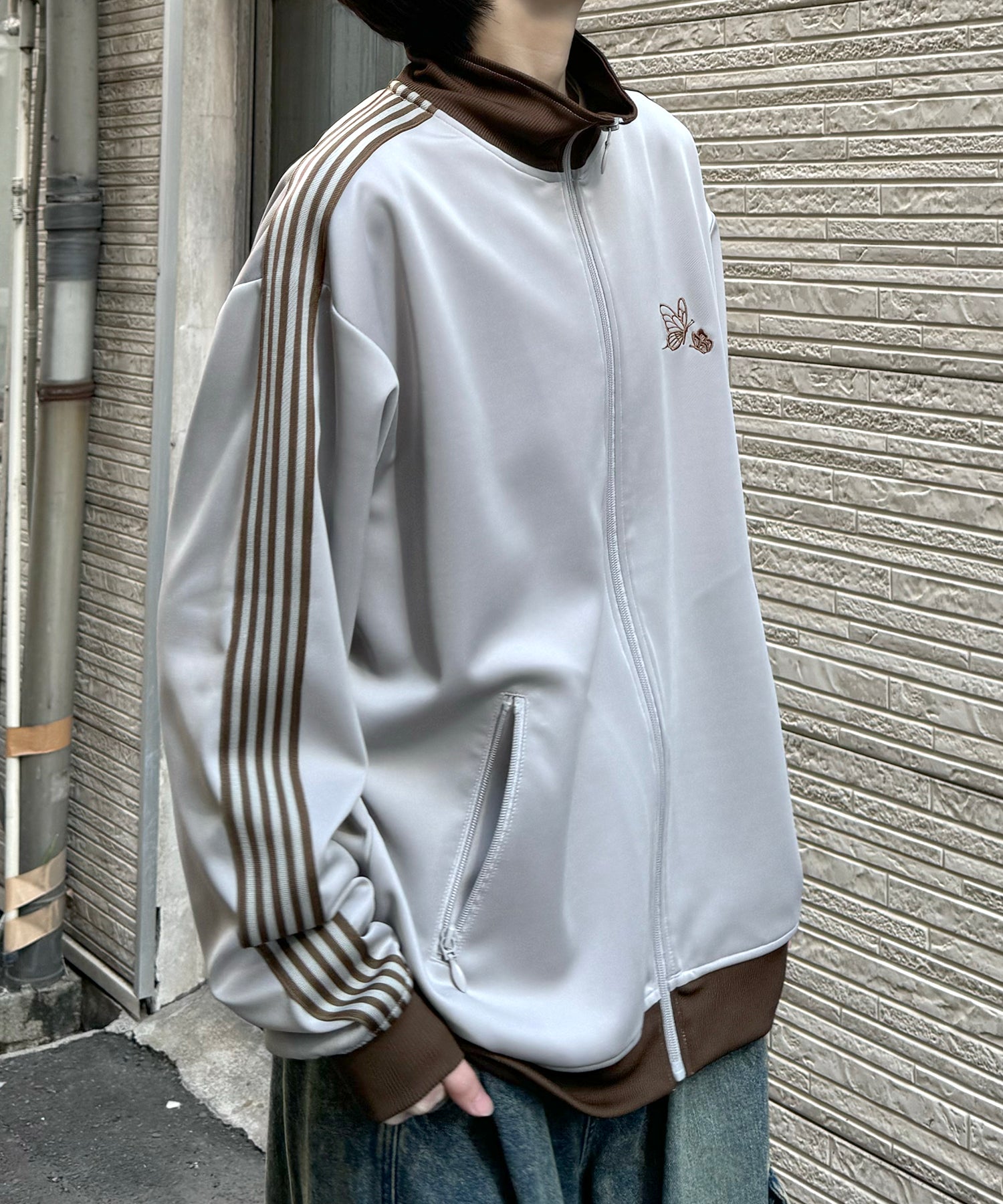 新色追加【セットアップ対応】WEB限定 ビッグシルエット ワンポイント刺繍 袖ラインジャージ トラックジャケット