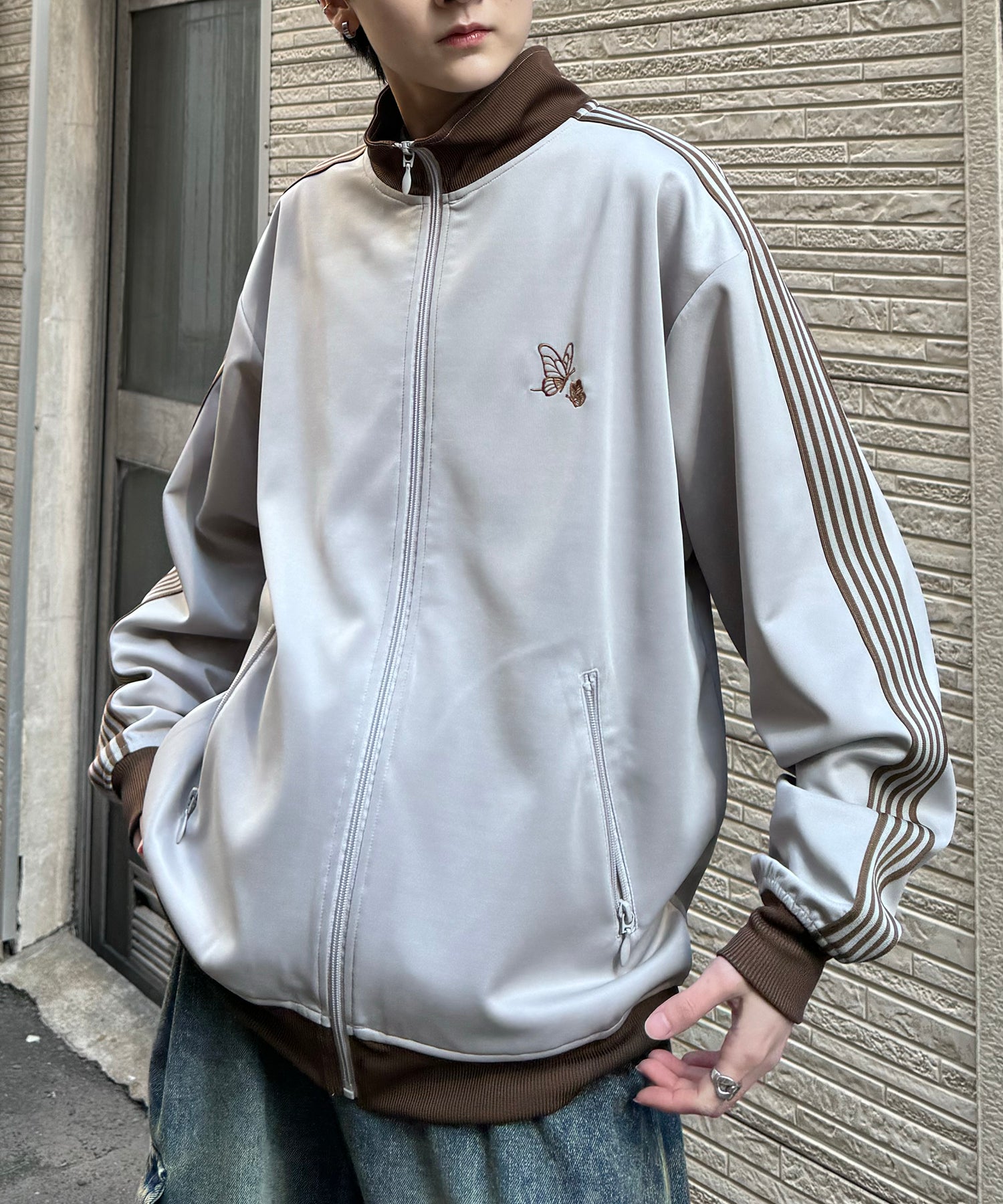 新色追加【セットアップ対応】WEB限定 ビッグシルエット ワンポイント刺繍 袖ラインジャージ トラックジャケット