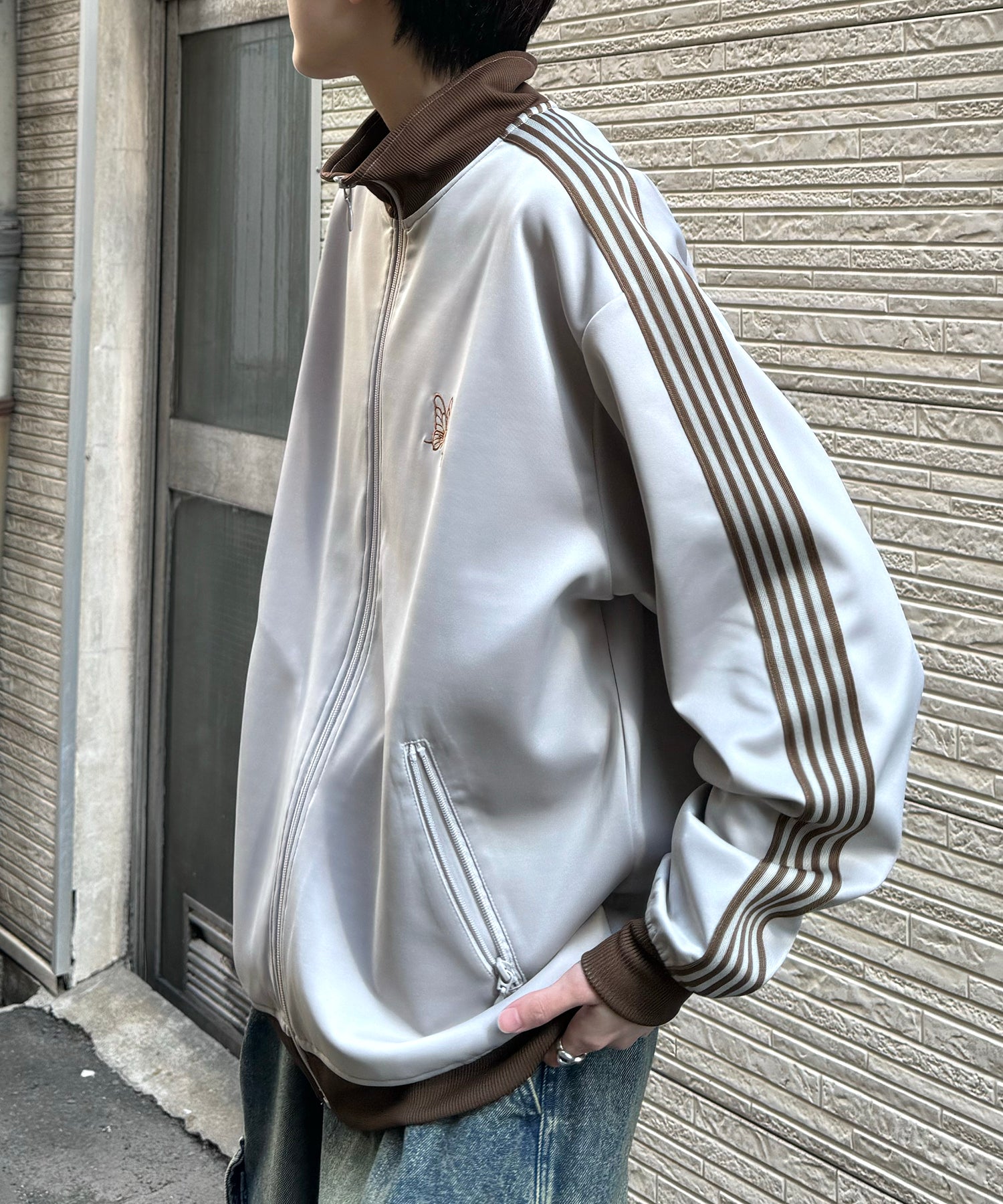 新色追加【セットアップ対応】WEB限定 ビッグシルエット ワンポイント刺繍 袖ラインジャージ トラックジャケット