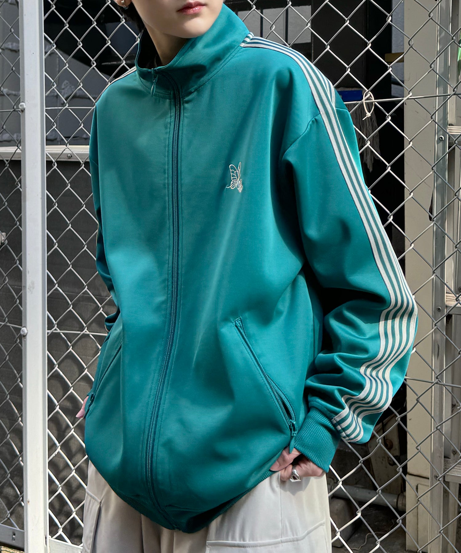 新色追加【セットアップ対応】WEB限定 ビッグシルエット ワンポイント刺繍 袖ラインジャージ トラックジャケット