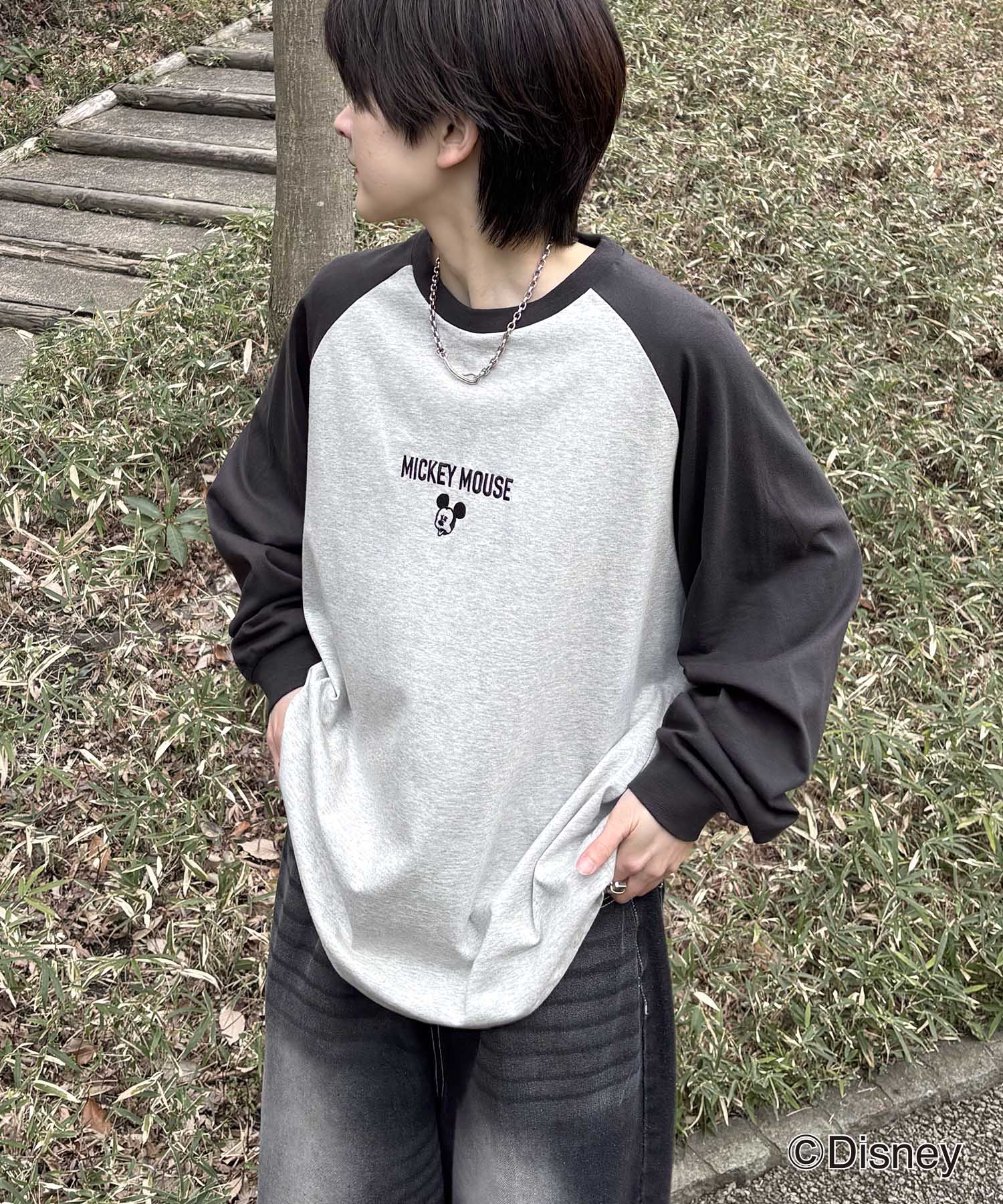 25SS Disney Mickey / ミッキー ヴィンテージライク フロント刺繍 ビッグシルエット ラグランロンT