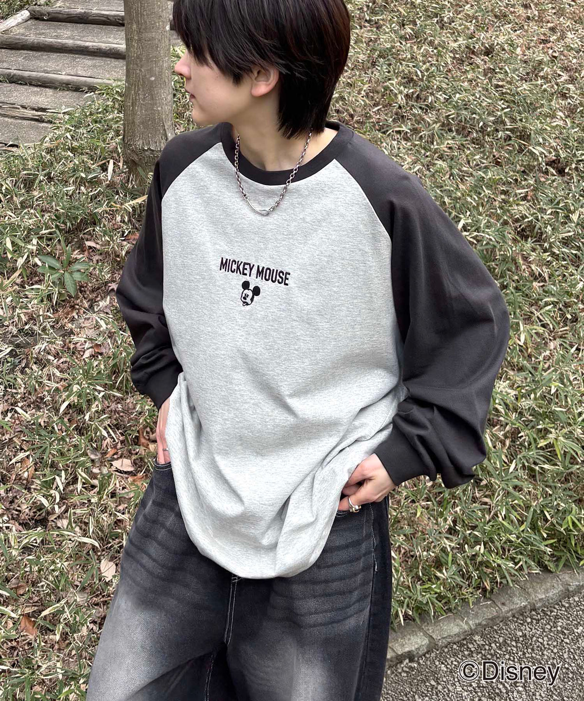25SS Disney Mickey / ミッキー ヴィンテージライク フロント刺繍 ビッグシルエット ラグランロンT