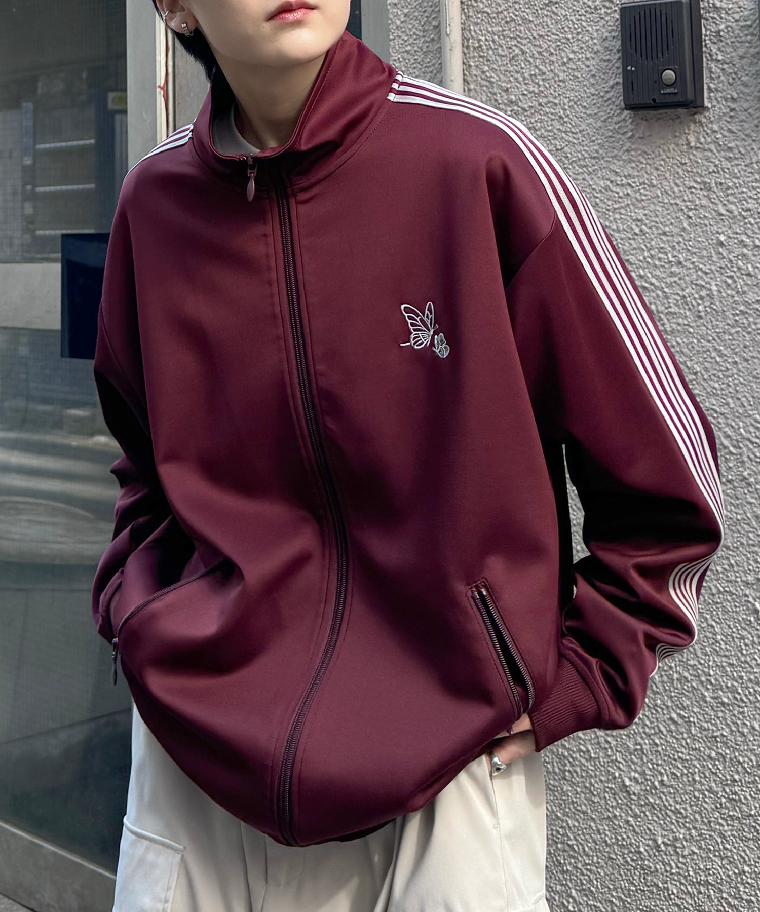 新色追加【セットアップ対応】WEB限定 ビッグシルエット ワンポイント刺繍 袖ラインジャージ トラックジャケット