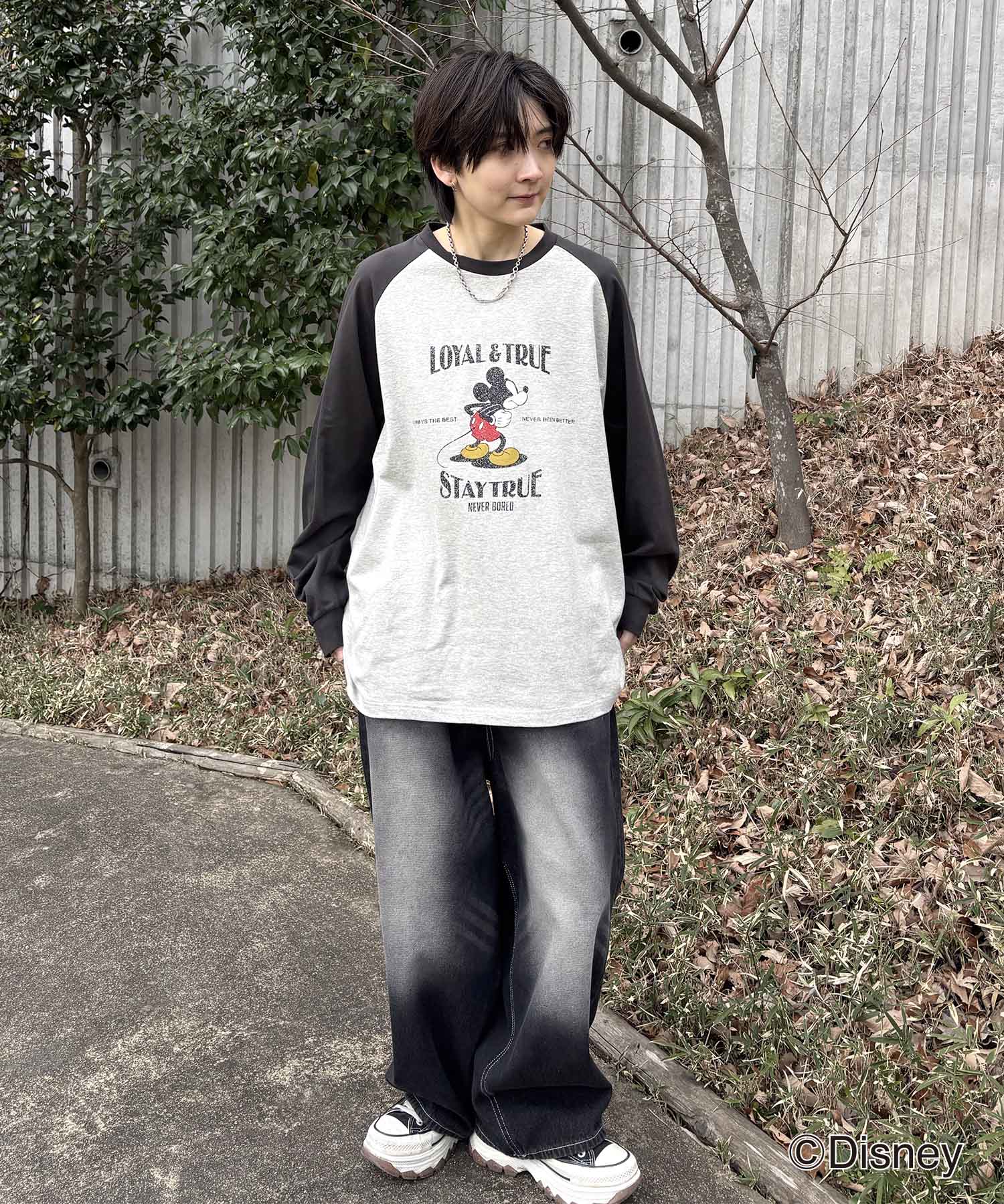 25SS Disney Mickey / ミッキー ヴィンテージライク レトログラフィック 古着風クラックプリント ビッグシルエット ラグランロンT