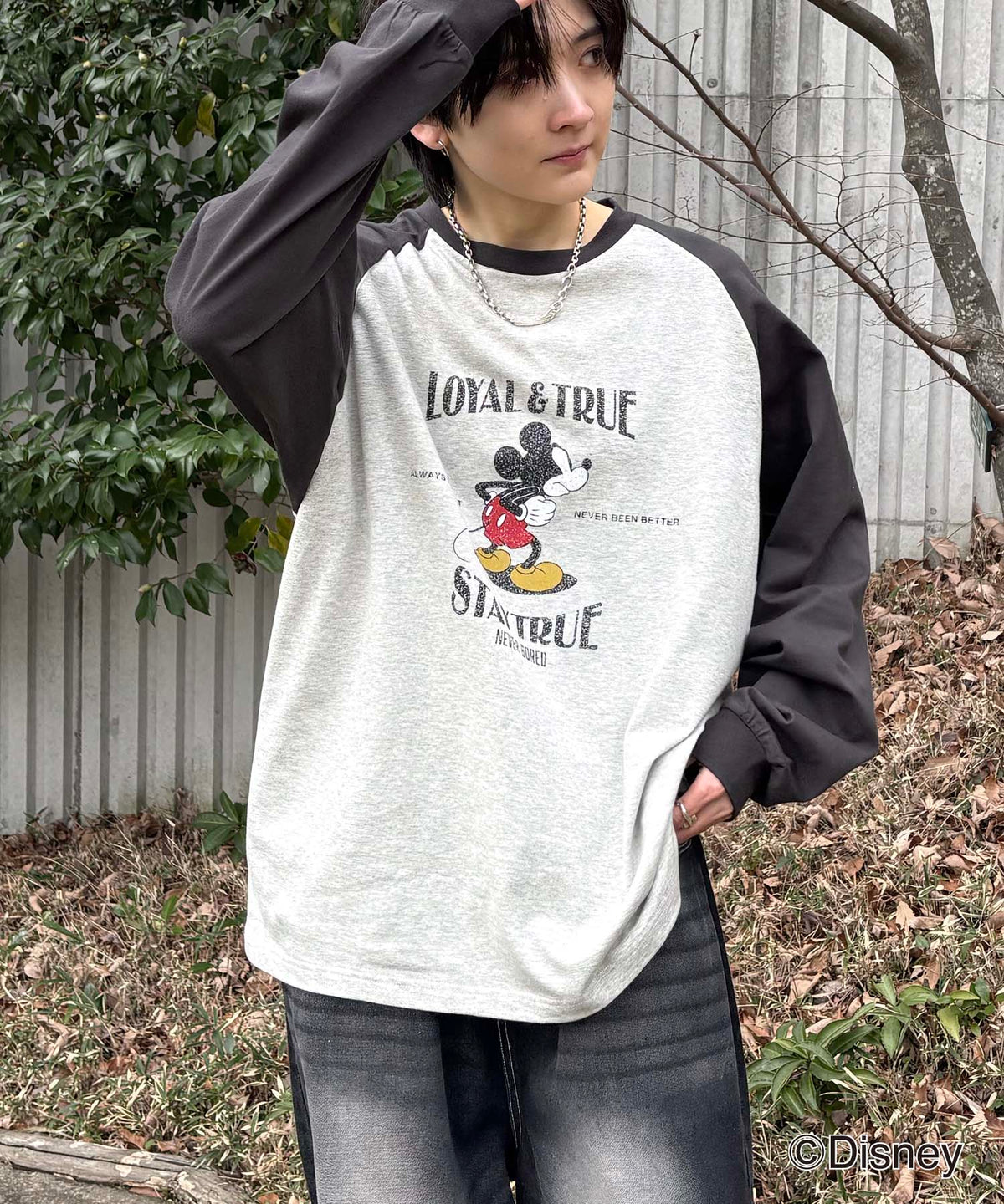 25SS Disney Mickey / ミッキー ヴィンテージライク レトログラフィック 古着風クラックプリント ビッグシルエット ラグランロンT