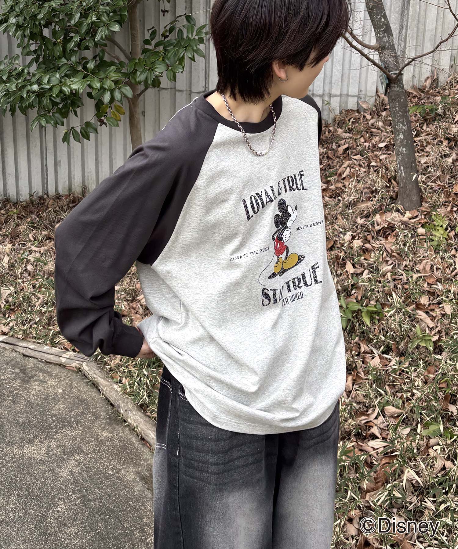 25SS Disney Mickey / ミッキー ヴィンテージライク レトログラフィック 古着風クラックプリント ビッグシルエット ラグランロンT