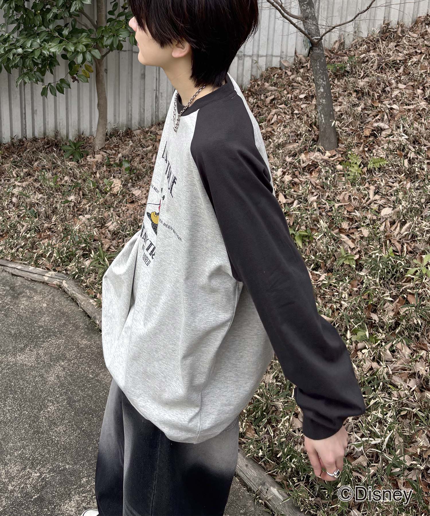 25SS Disney Mickey / ミッキー ヴィンテージライク レトログラフィック 古着風クラックプリント ビッグシルエット ラグランロンT