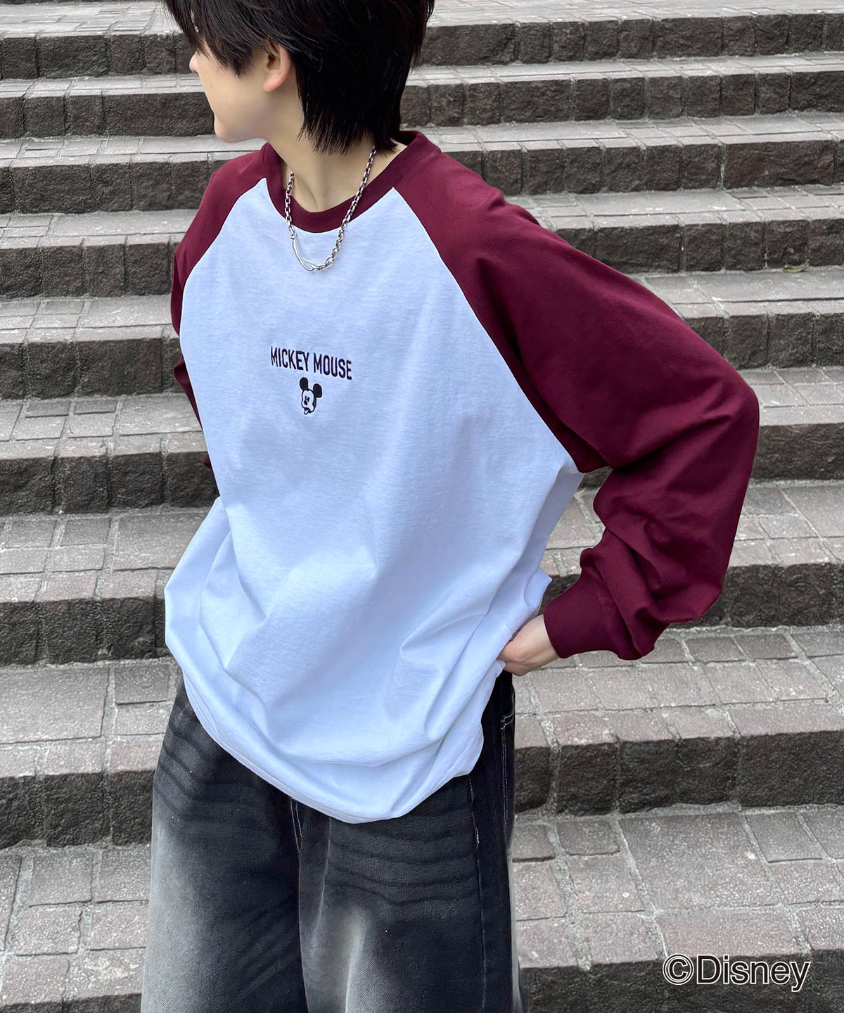 25SS Disney Mickey / ミッキー ヴィンテージライク フロント刺繍 ビッグシルエット ラグランロンT