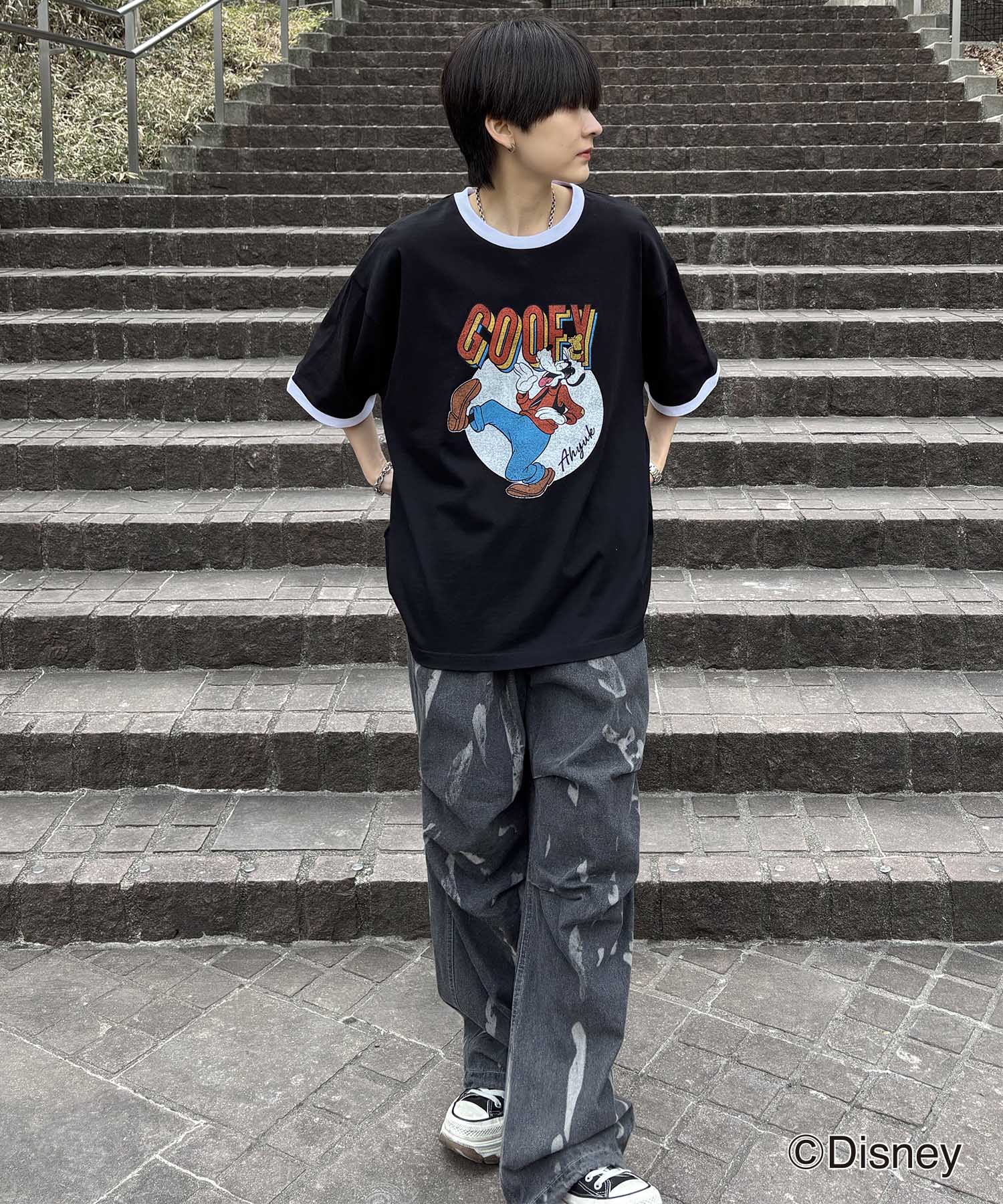 25SS Disney ヴィンテージライクプリント グーフィー リンガー半袖Tシャツ