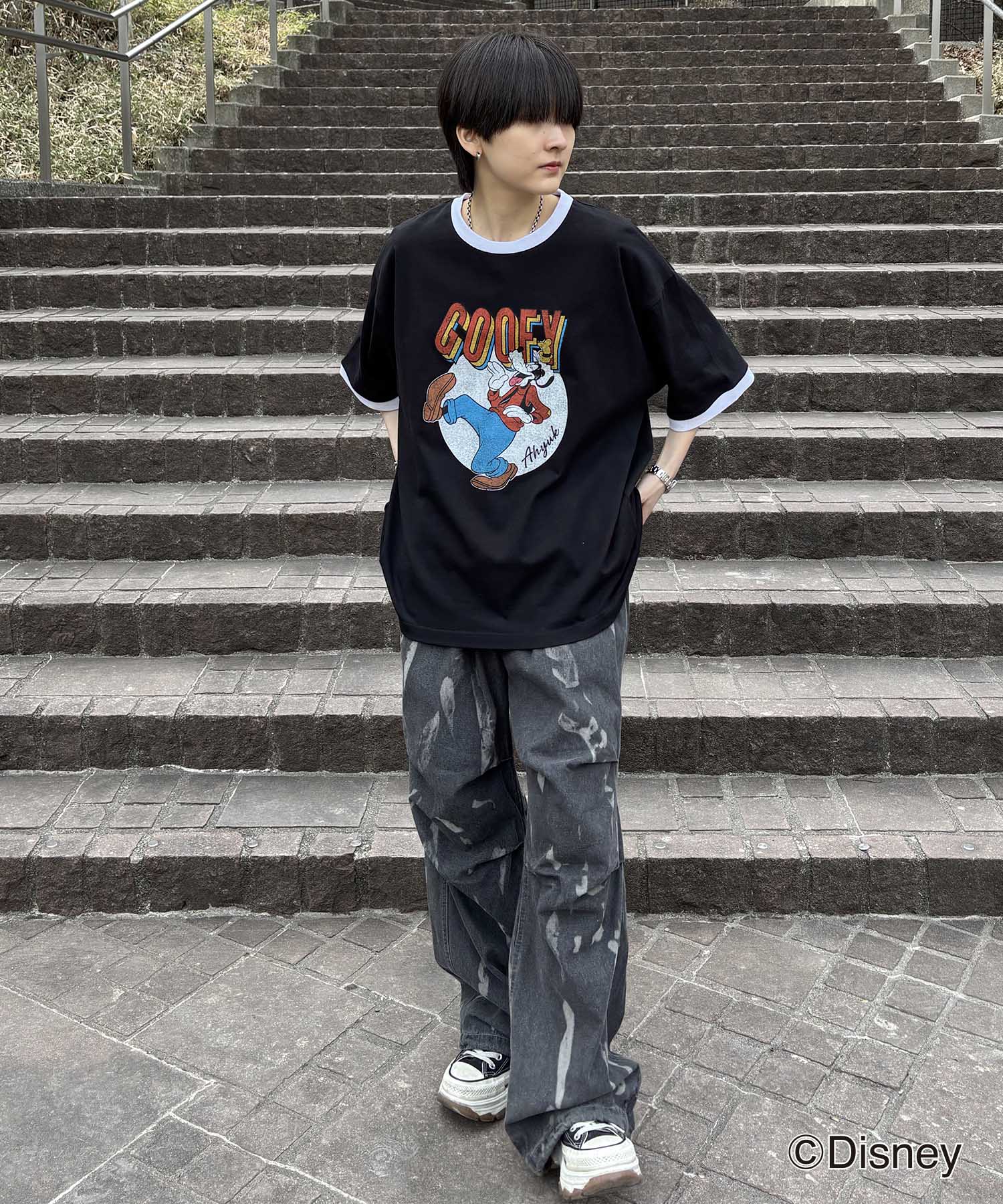 25SS Disney ヴィンテージライクプリント グーフィー リンガー半袖Tシャツ