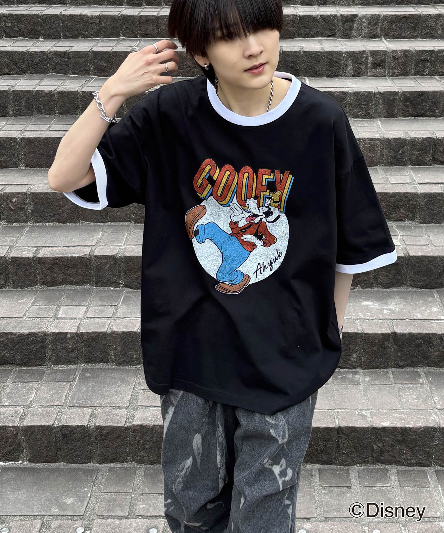 25SS Disney ヴィンテージライクプリント グーフィー リンガー半袖Tシャツ