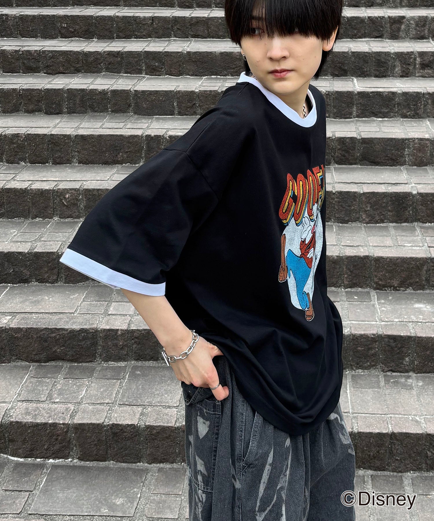 25SS Disney ヴィンテージライクプリント グーフィー リンガー半袖Tシャツ