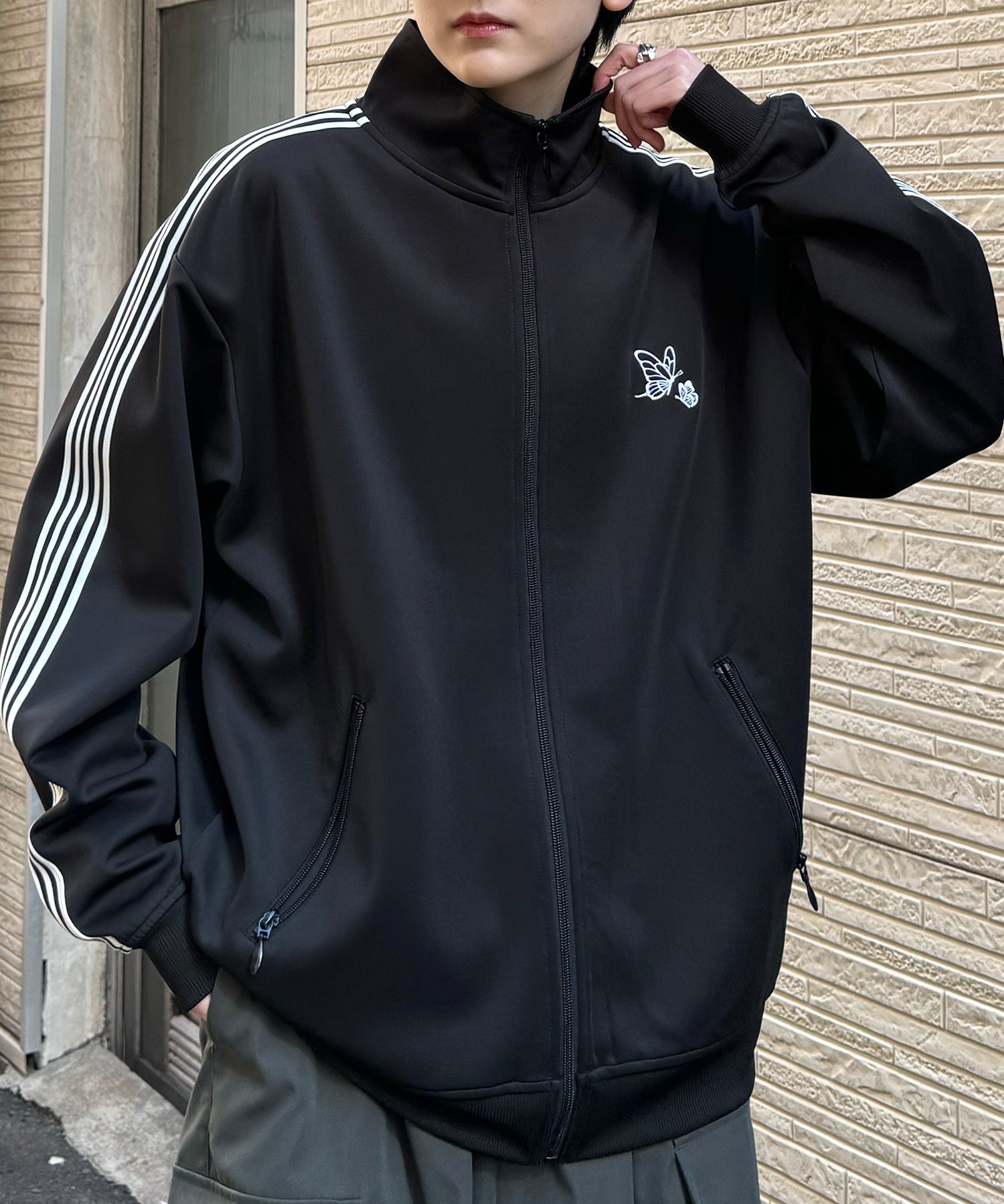 新色追加【セットアップ対応】WEB限定 ビッグシルエット ワンポイント刺繍 袖ラインジャージ トラックジャケット