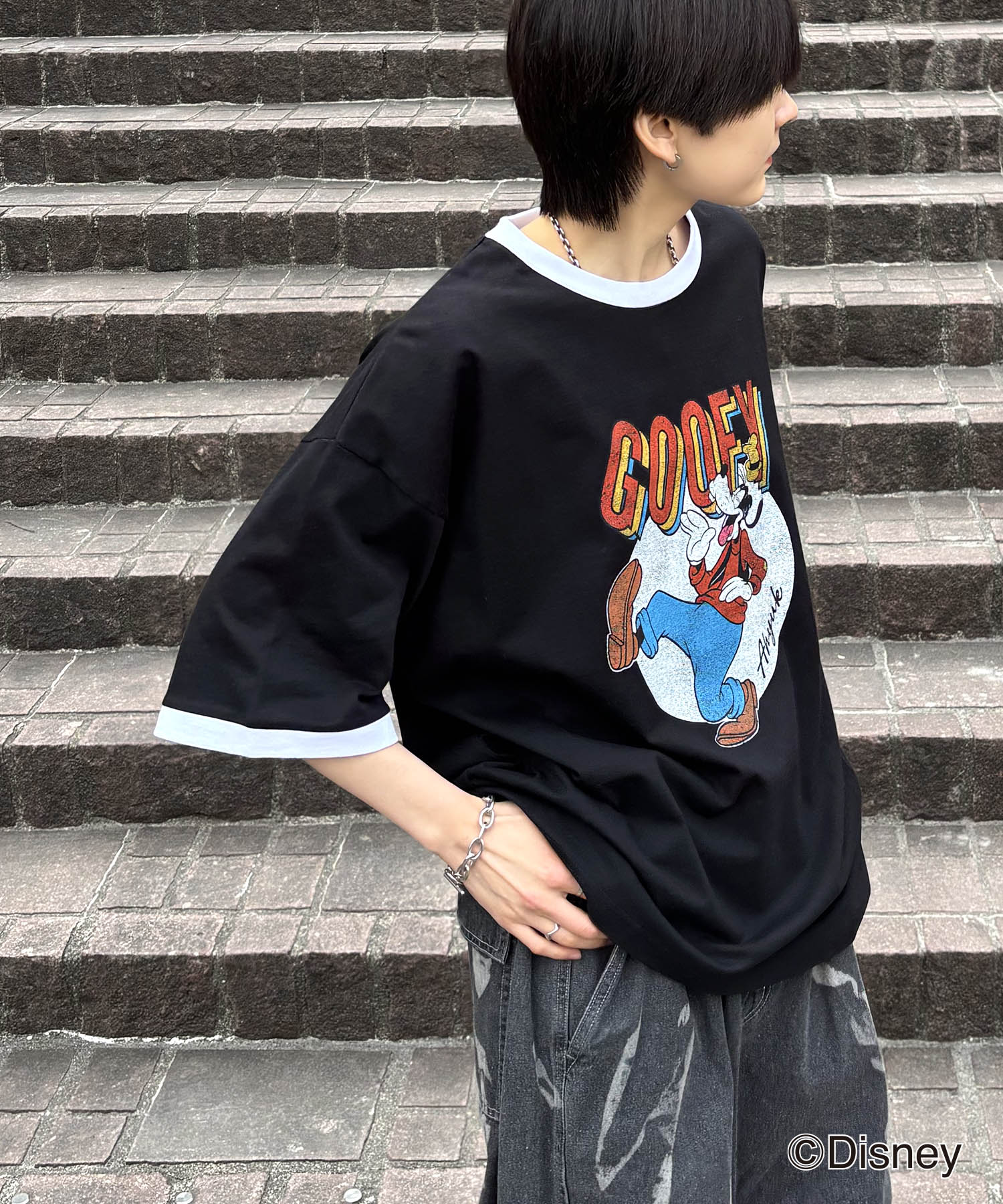 25SS Disney ヴィンテージライクプリント グーフィー リンガー半袖Tシャツ