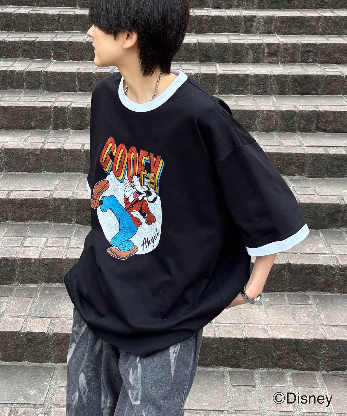 25SS Disney ヴィンテージライクプリント グーフィー リンガー半袖Tシャツ