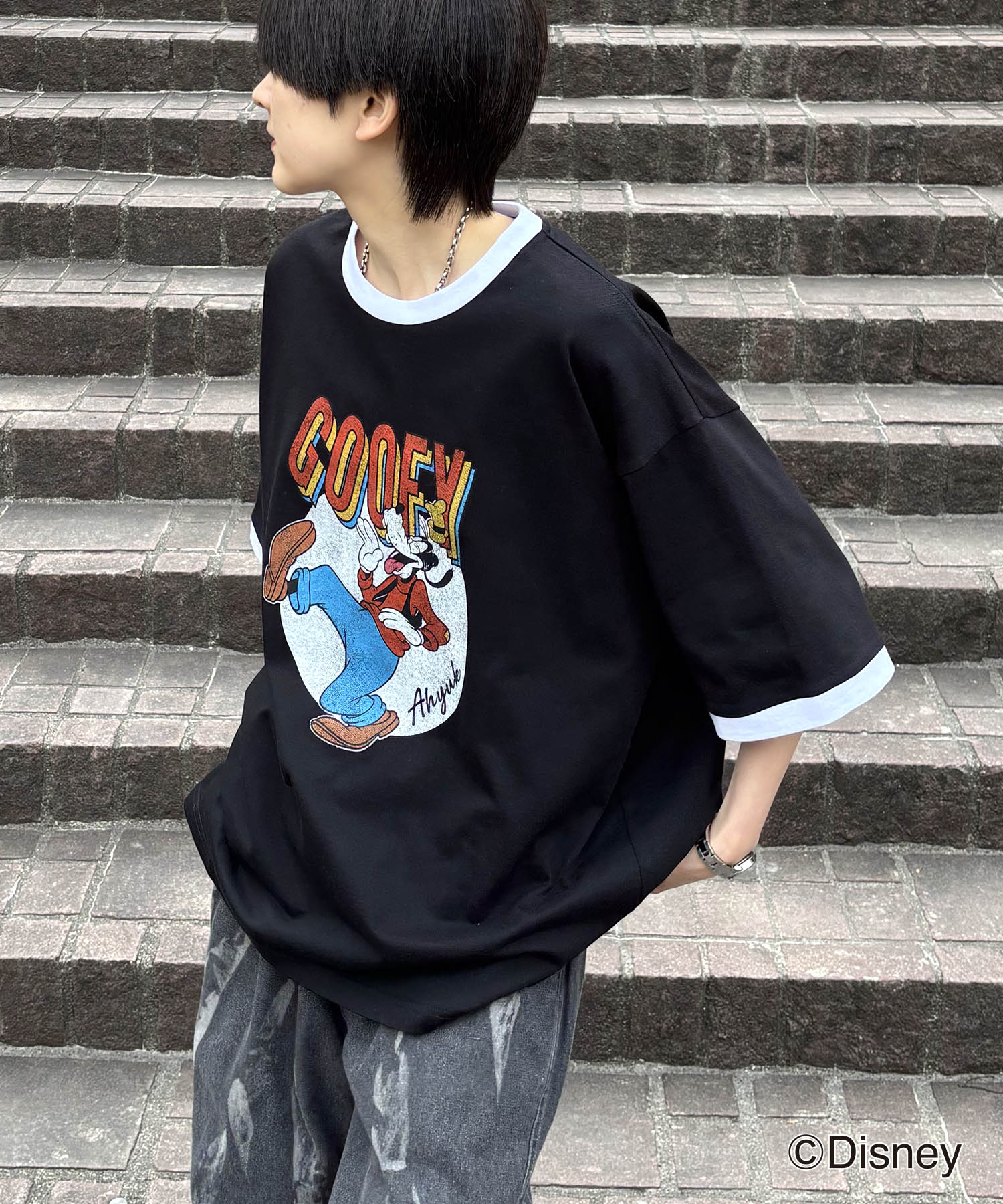 25SS Disney ヴィンテージライクプリント グーフィー リンガー半袖Tシャツ