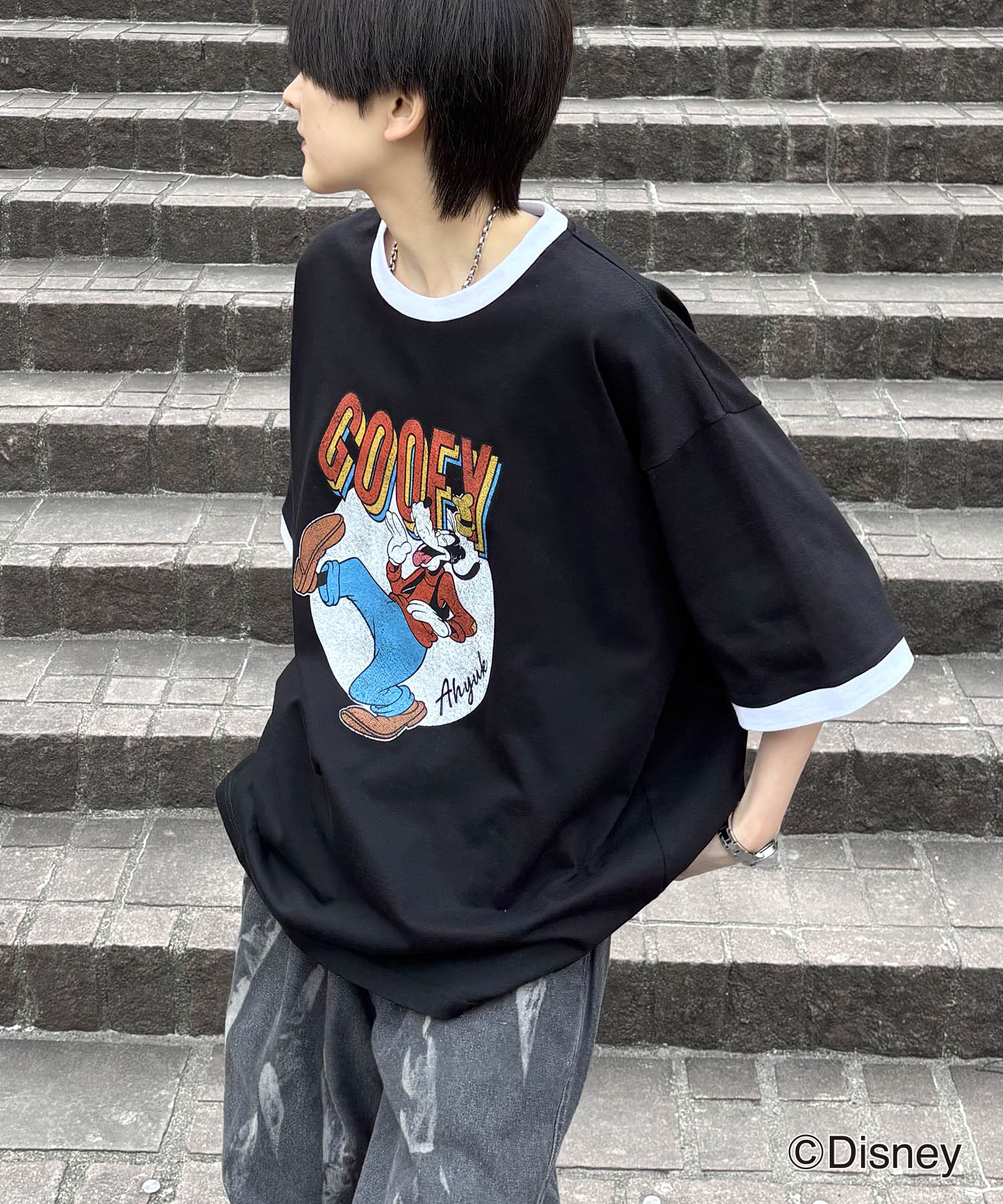 25SS Disney ヴィンテージライクプリント グーフィー リンガー半袖Tシャツ