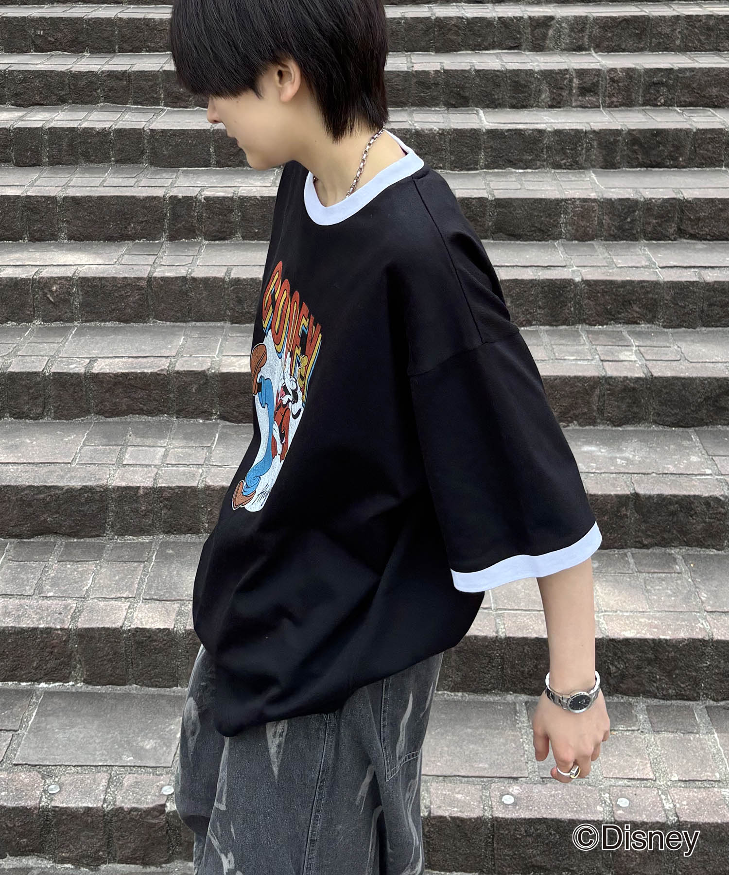 25SS Disney ヴィンテージライクプリント グーフィー リンガー半袖Tシャツ