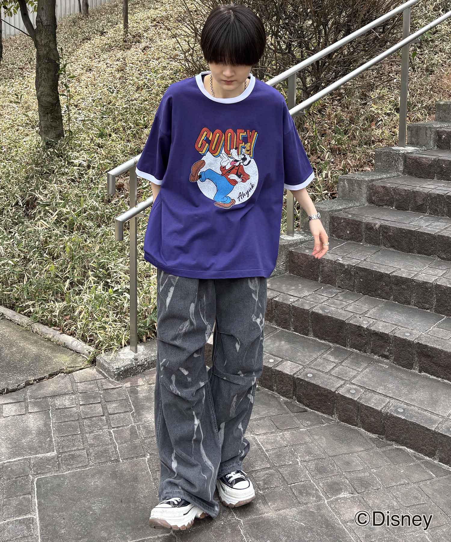 25SS Disney ヴィンテージライクプリント グーフィー リンガー半袖Tシャツ