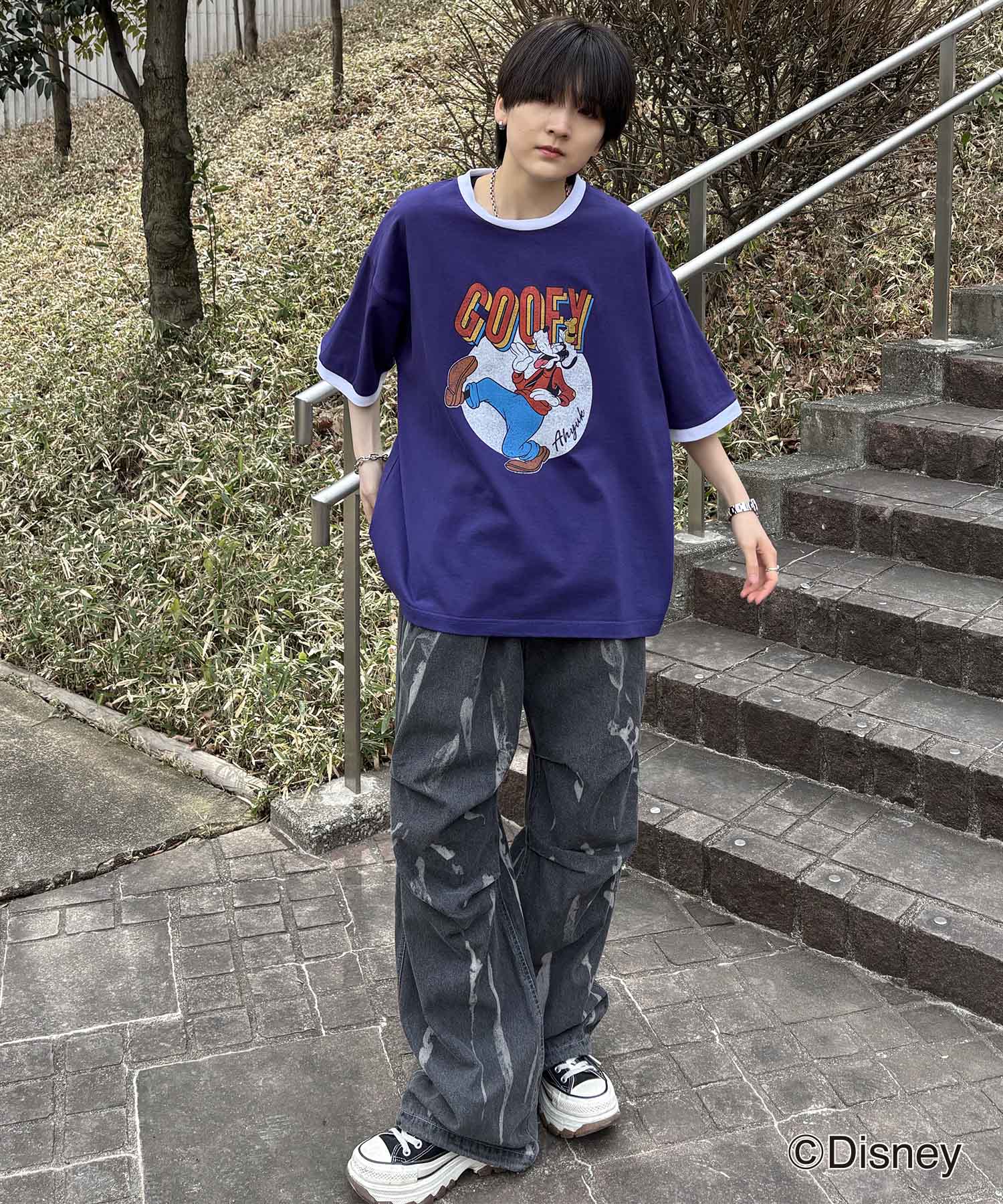 25SS Disney ヴィンテージライクプリント グーフィー リンガー半袖Tシャツ
